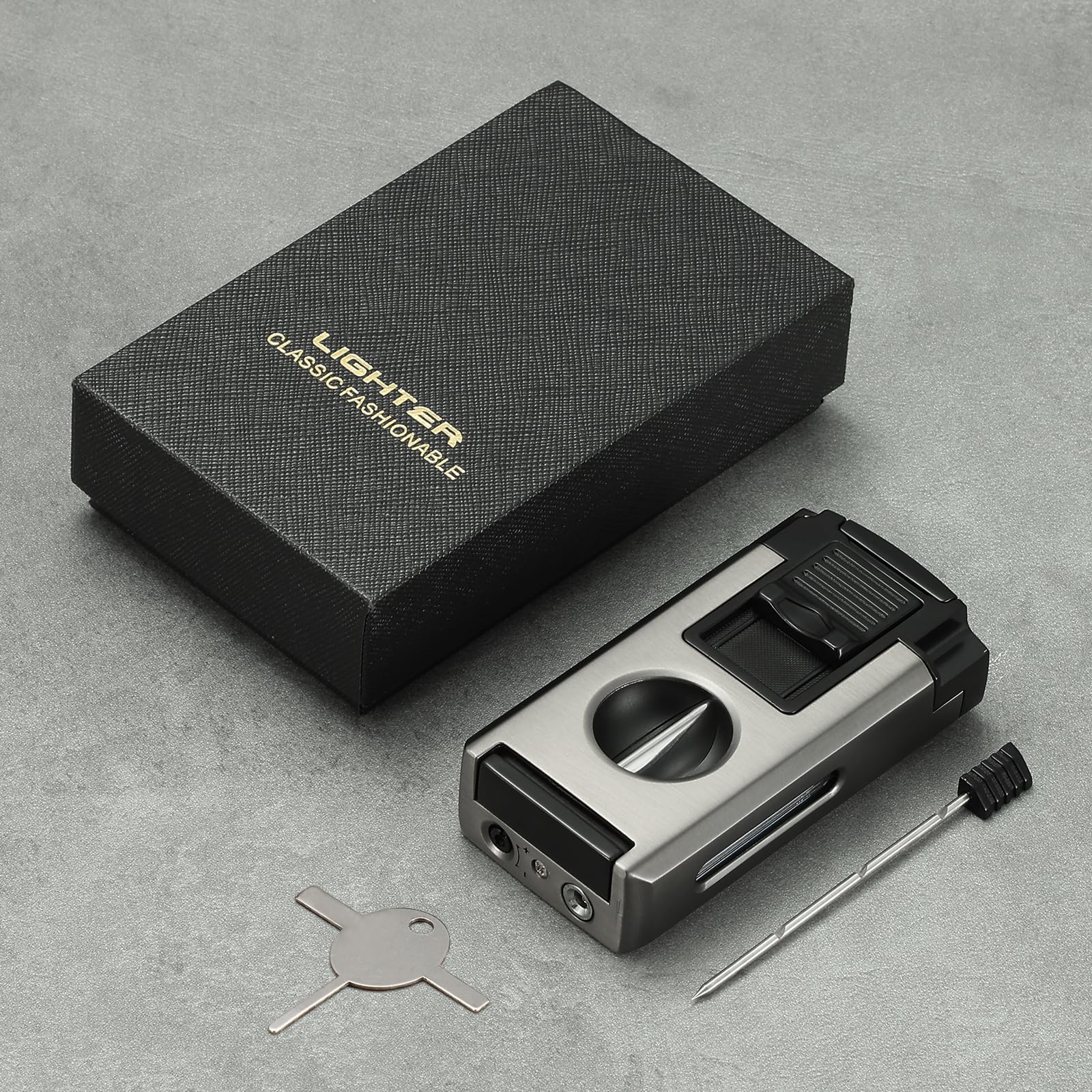 All in One Jet Flame Butane Torch Lighter Built-in Cutter V Cut, Punch, Holder Function, Draw Enhancer Tool, Refillable and Adjustable Windproof Gas Lighter, Black and Grey (Sold Without Gas) - Image 2