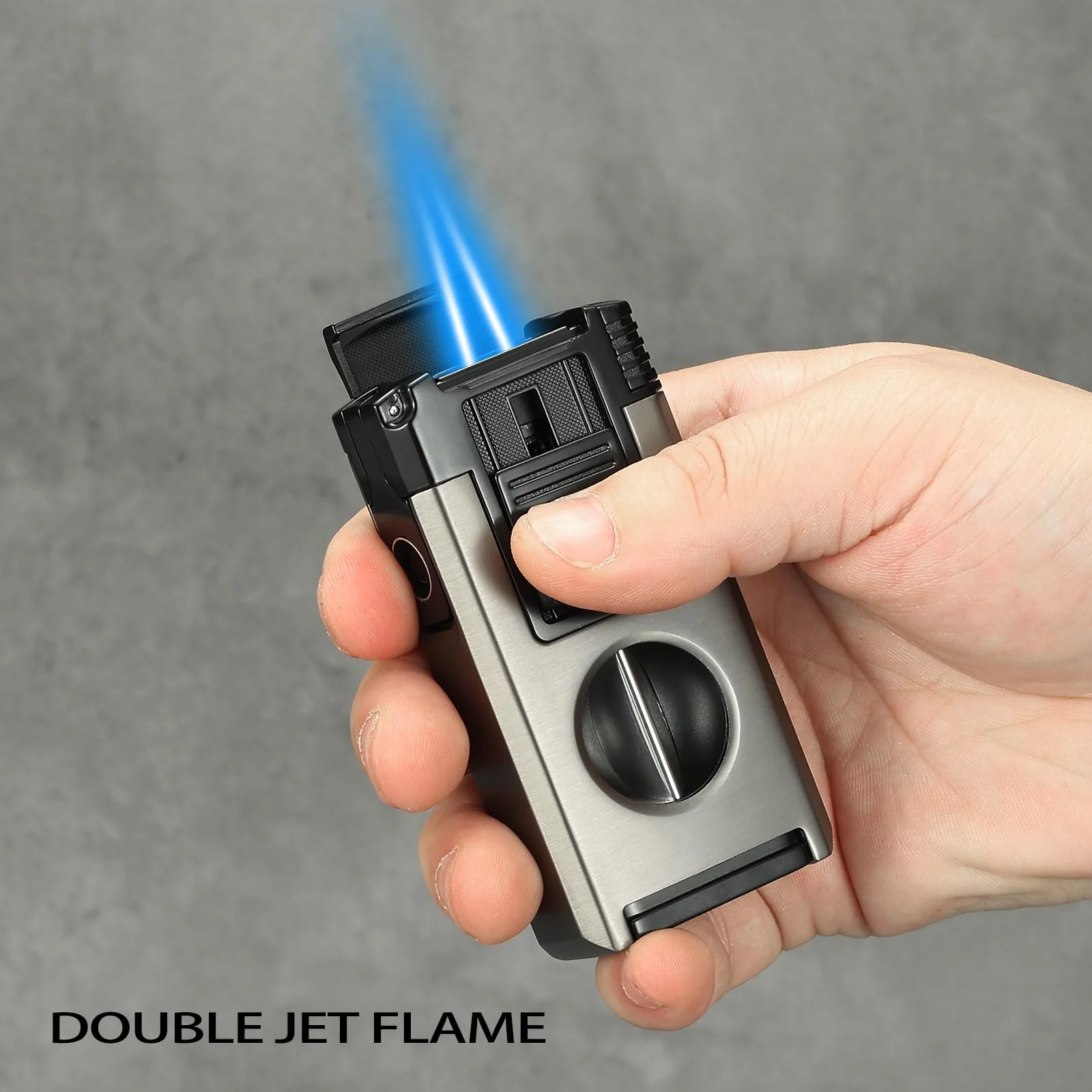 All in One Jet Flame Butane Torch Lighter Built-in Cutter V Cut, Punch, Holder Function, Draw Enhancer Tool, Refillable and Adjustable Windproof Gas Lighter, Black and Grey (Sold Without Gas) - Image 3