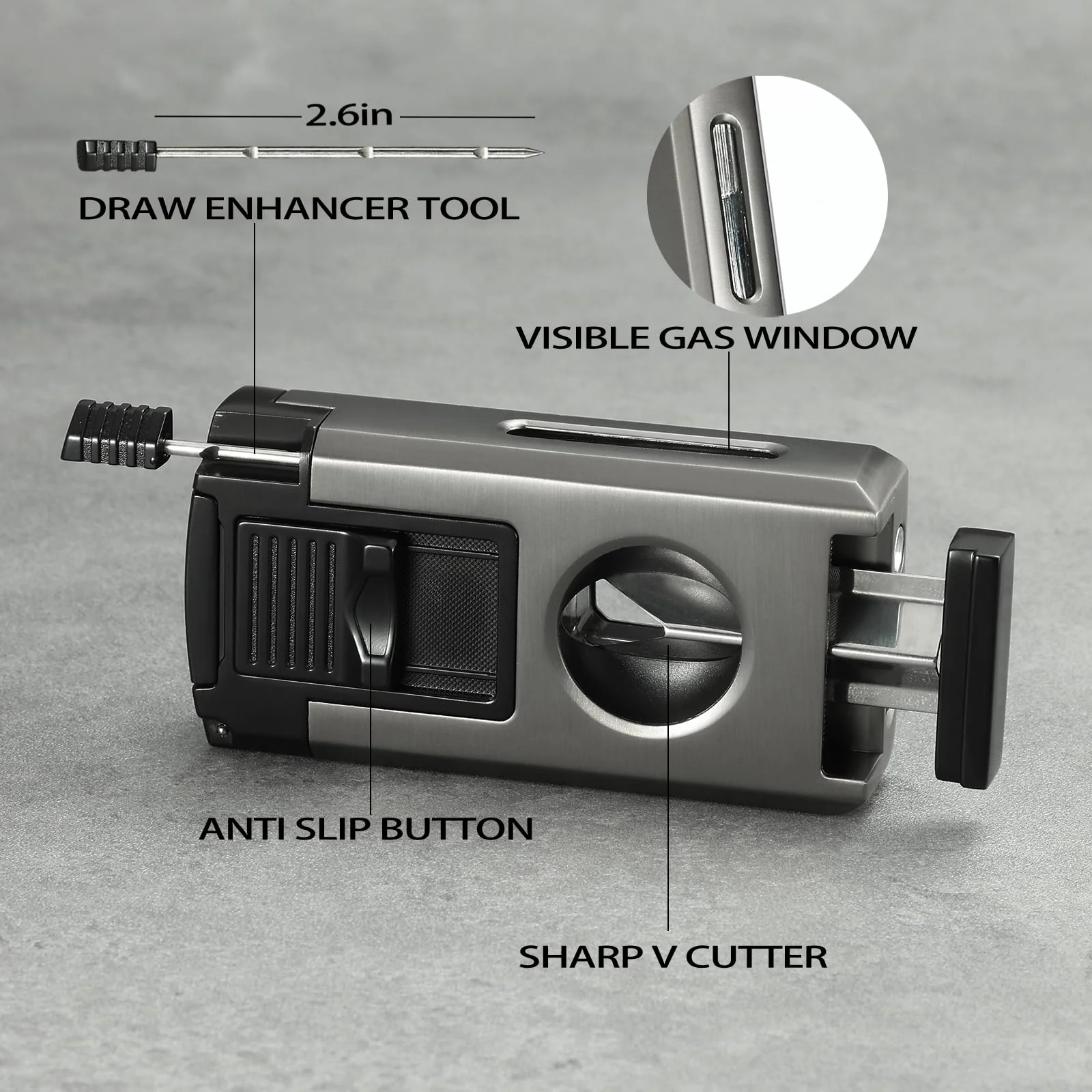 All in One Jet Flame Butane Torch Lighter Built-in Cutter V Cut, Punch, Holder Function, Draw Enhancer Tool, Refillable and Adjustable Windproof Gas Lighter, Black and Grey (Sold Without Gas) - Image 5
