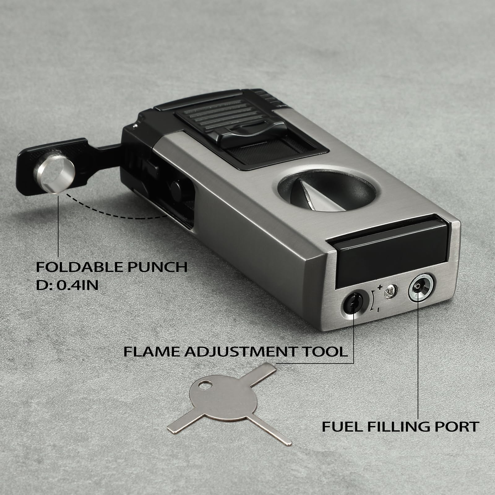 All in One Jet Flame Butane Torch Lighter Built-in Cutter V Cut, Punch, Holder Function, Draw Enhancer Tool, Refillable and Adjustable Windproof Gas Lighter, Black and Grey (Sold Without Gas) - Image 6