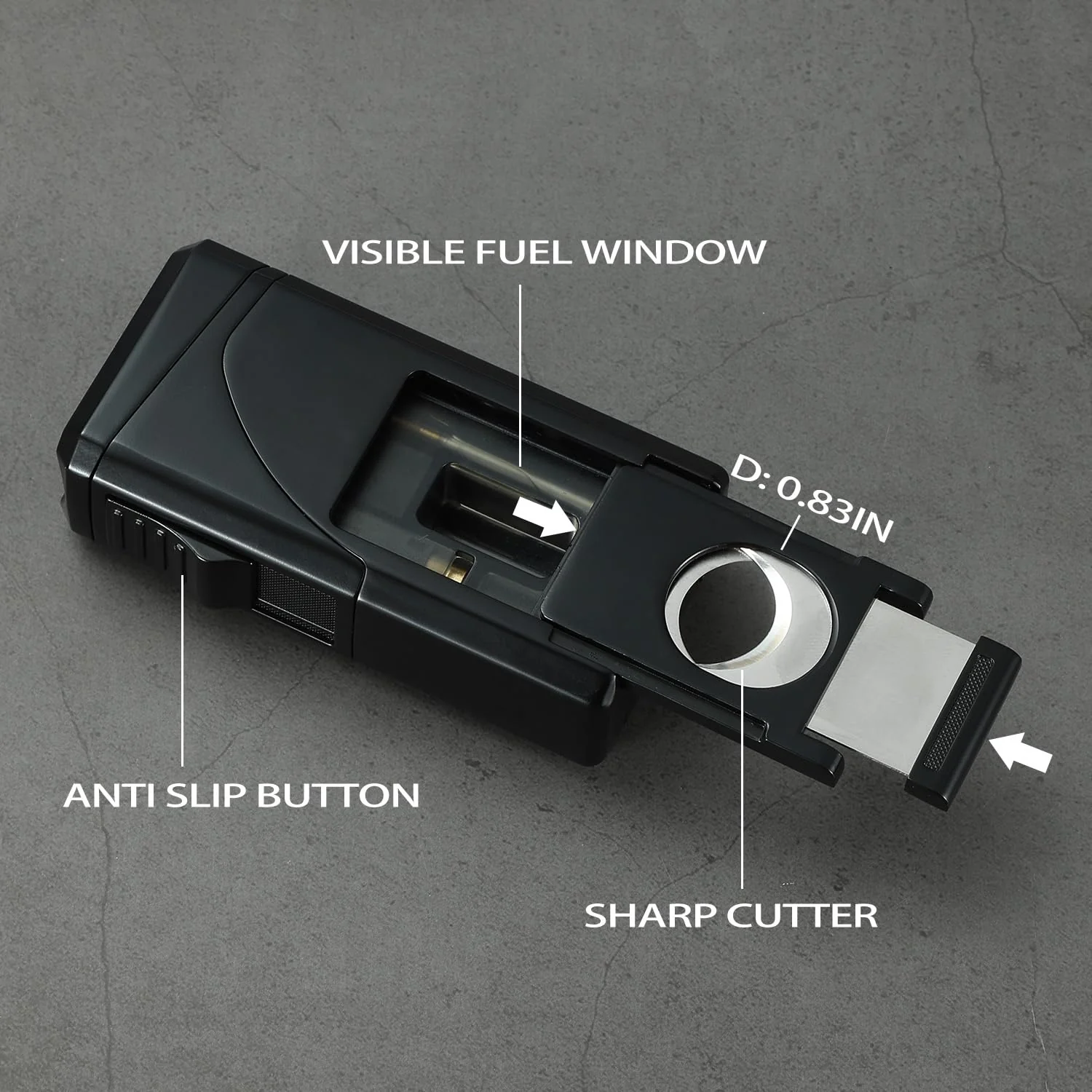 All in One Triple Jet Flame Butane Torch Lighter Built-in Cutter, Cutter V Cut, Punch, Holder Function, Draw Enhancer Tool, Refillable and Adjustable Windproof Lighter. Black(Sold Without Gas) - Image 4