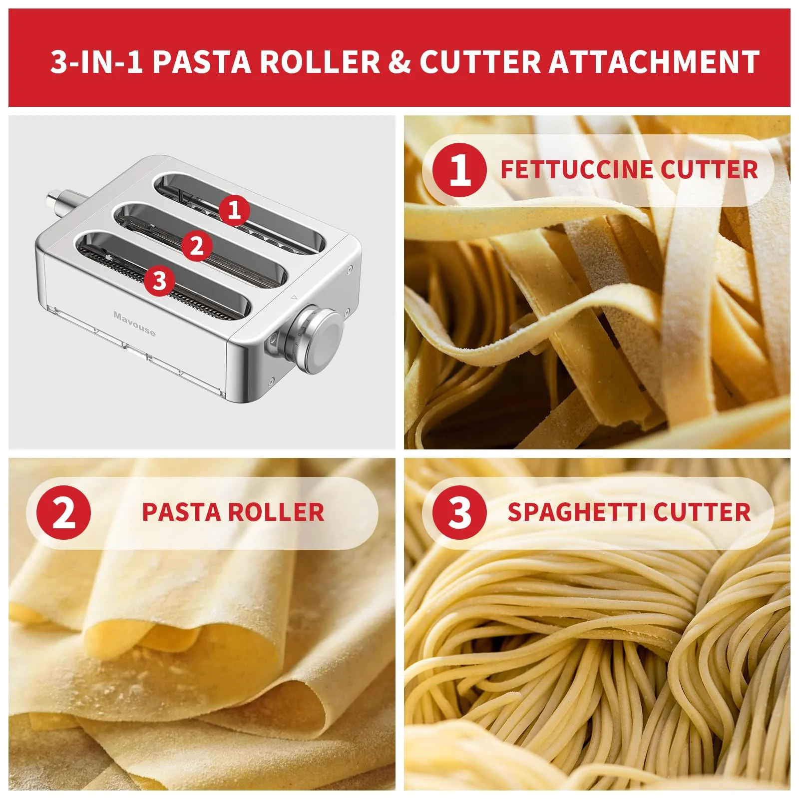 All Metal Pasta Attachment 3 In 1 Set For Kitchenaid Stand Mixer, Included Pasta Sheet Roller, Spaghetti Cutter, Fettuccine Cutter Maker Accessories And Cleaning Brush - Image 3