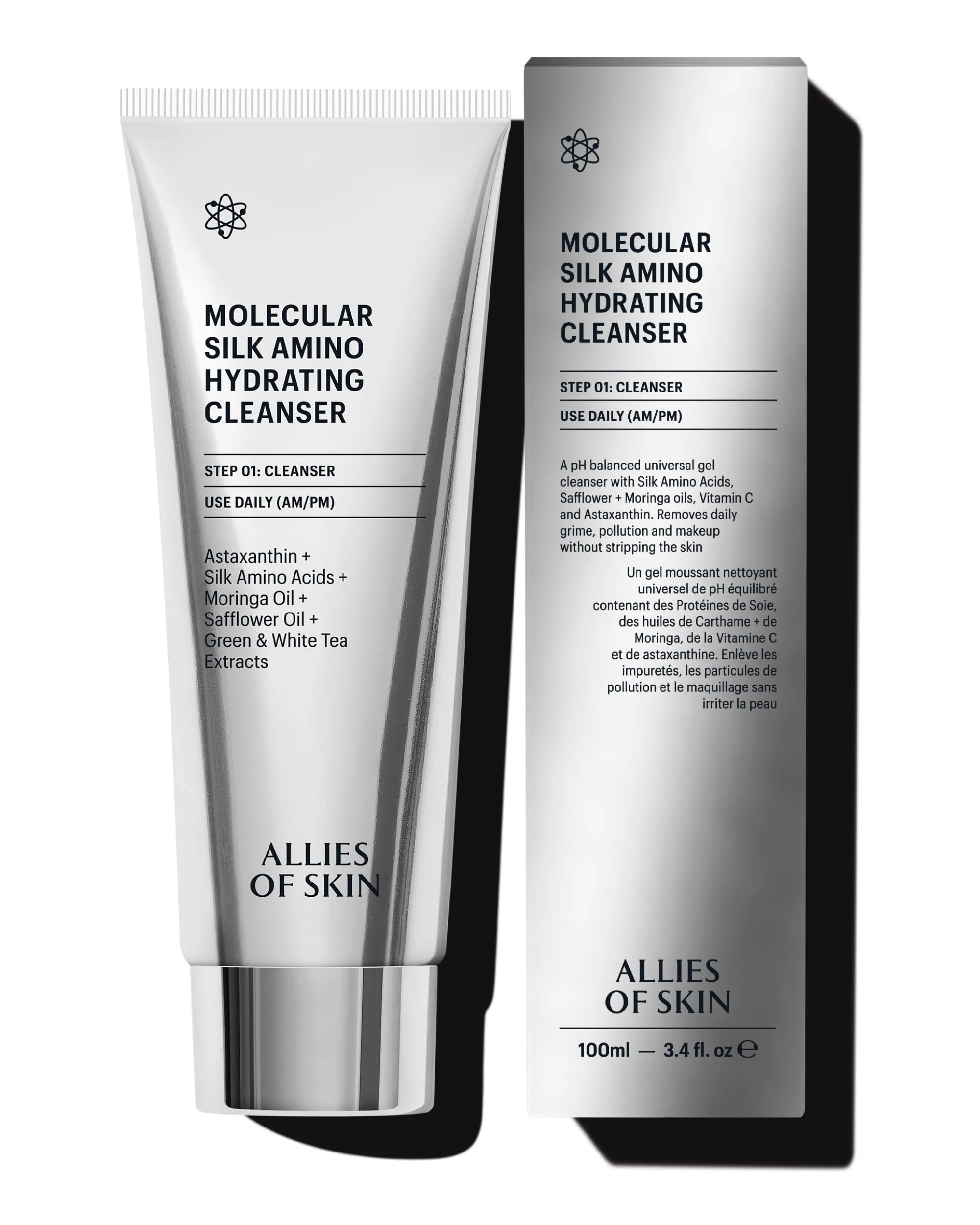Allies of Skin Hydrating Silk Amino Face Cleanser | Gentle Daily Face Wash with Vitamin C, Astaxanthin & Moringa Oil | Moisturizing and Silky Soft for Dry and Sensitive Skin, 3.4 fl oz