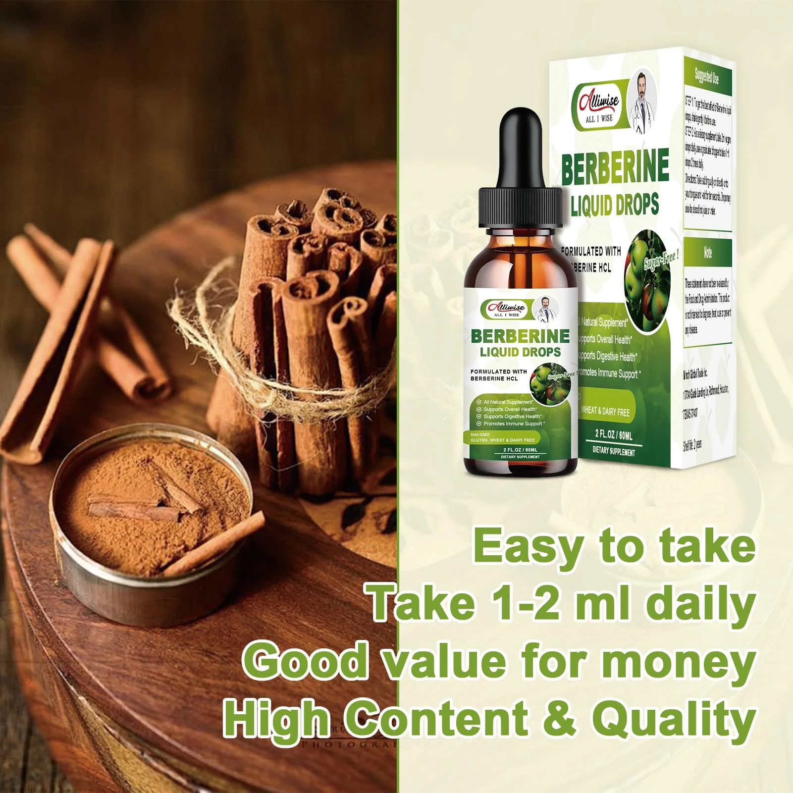 Alliwise 2 Pack Berberine Supplement Liquid Drops for Immune System & Digestive System Supports -Premium Berberine HCL 1500mg with Pure Ceylon Cinnamon -4 Fl Oz