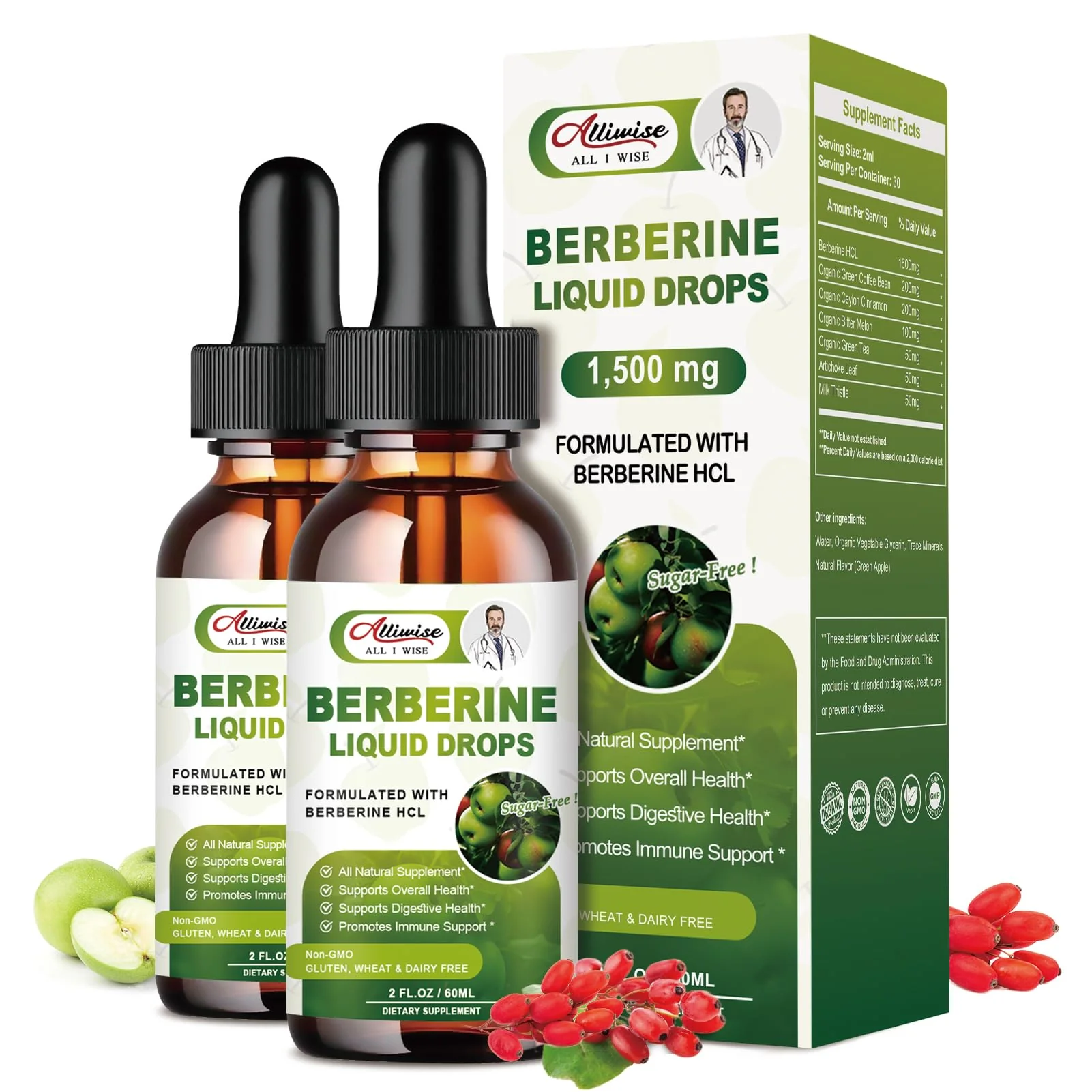 Alliwise 2 Pack Berberine Supplement Liquid Drops for Immune System & Digestive System Supports -Premium Berberine HCL 1500mg with Pure Ceylon Cinnamon -4 Fl Oz - Image 2
