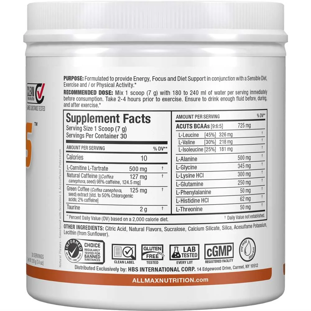 ALLMAX ACUTS Amino Energy Powder with Amino Acids Supplement, Sweet Tea, 30 Servings, Caffeine, Green Coffee Extract, 2000 mg Taurine, L-Carnitine, Sugar Free, Gluten & Dye Free, Amino Acid Drink - Image 7