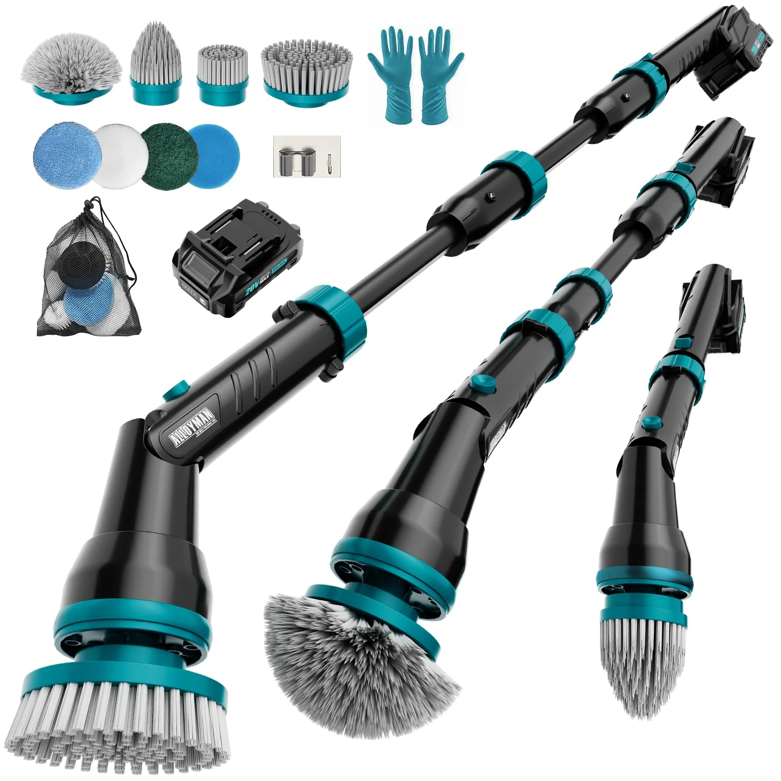 Alloyman 1200RPM Electric Spin Scrubber, Telescopic Extension Handle (25-49 inches) Ideal for Elderly and Arthritis, 2 Batteries&8 Replaceable Brush Heads, Perfect for Bathroom/Shower/Tub/Tile- 12V - Image 2