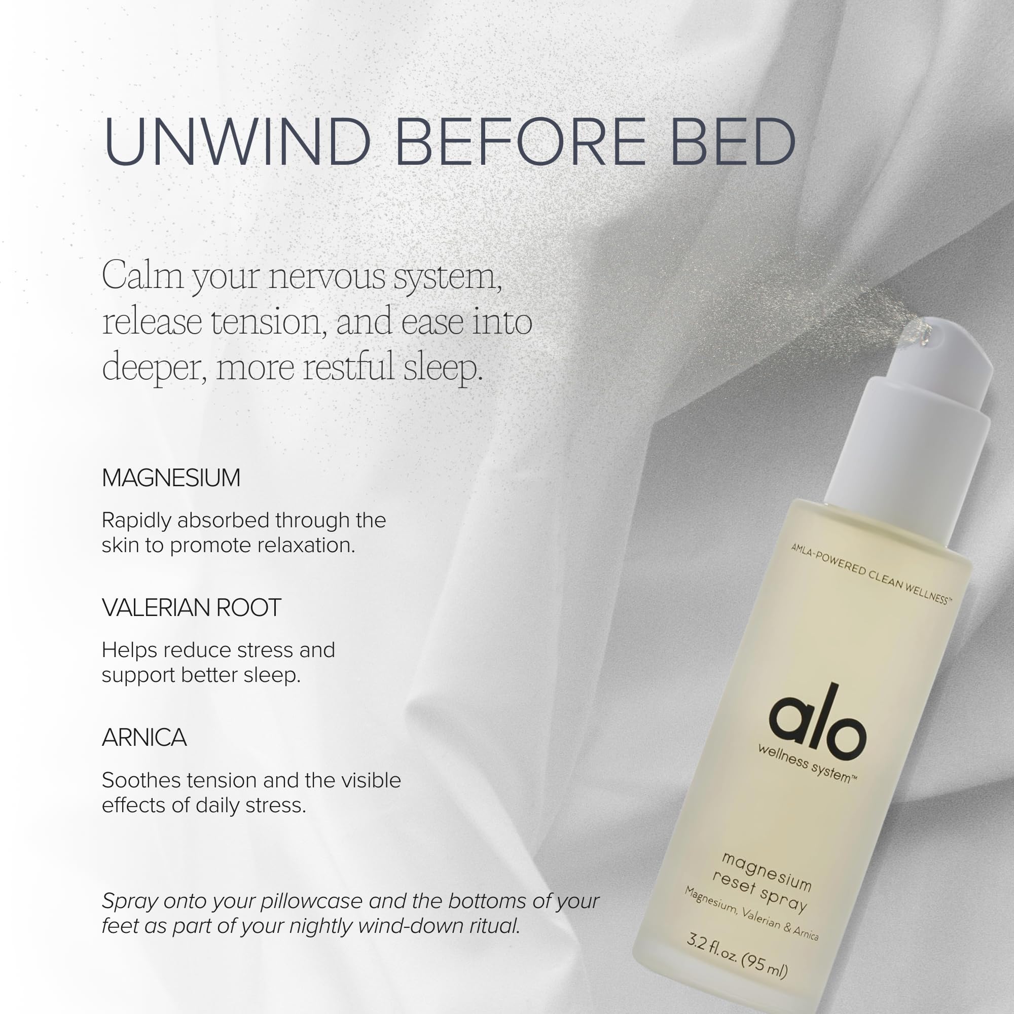 Alo Magnesium Oil Spray | For Sleep, Stress & Anxiety Relief | Fast-Absorbing Magnesium with Valerian Root, Arnica & Essential Oils | Non-Sticky Body & Pillow Mist | 3.2 oz - Image 8