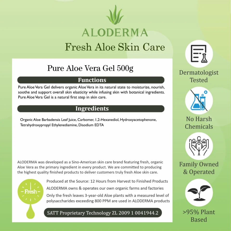 Aloderma 99% Organic Pure Aloe Vera Gel Made within 12 Hours of Harvest, 17.6oz Value Pump, Lightweight Non-Sticky Aloe Vera Gel for Sunburn Relief, Natural, Soothing Aloe Vera for Face & Hair - Image 4