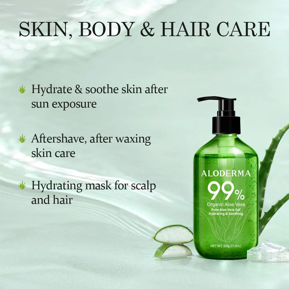 Aloderma 99% Organic Pure Aloe Vera Gel Made within 12 Hours of Harvest, 17.6oz Value Pump, Lightweight Non-Sticky Aloe Vera Gel for Sunburn Relief, Natural, Soothing Aloe Vera for Face & Hair - Image 8