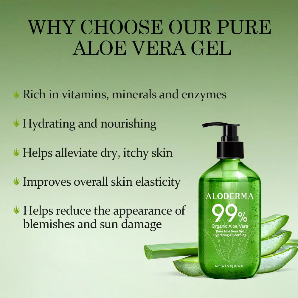 Aloderma 99% Organic Pure Aloe Vera Gel Made within 12 Hours of Harvest, 17.6oz Value Pump, Lightweight Non-Sticky Aloe Vera Gel for Sunburn Relief, Natural, Soothing Aloe Vera for Face & Hair - Image 9