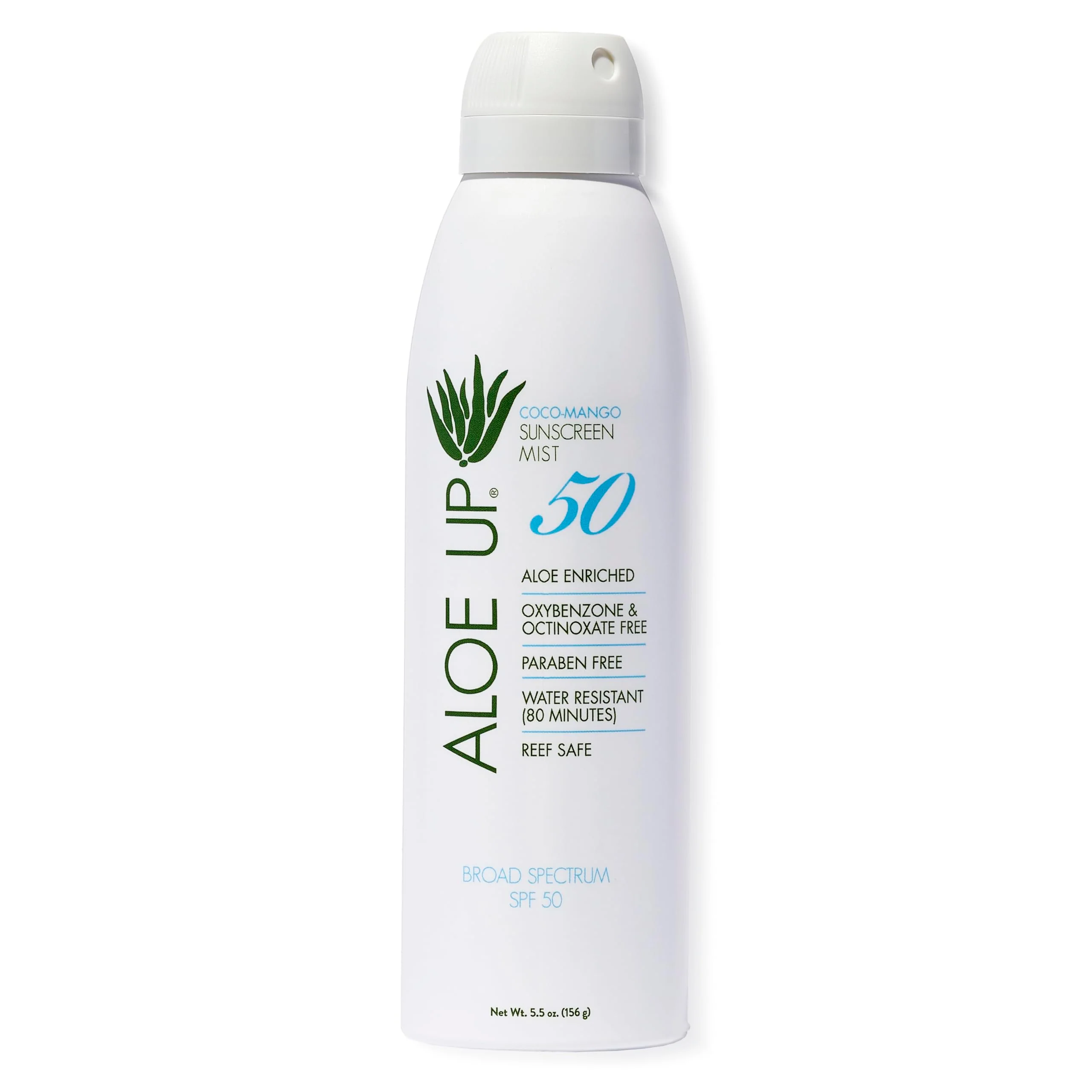 Aloe Up White Collection Continuous Sunscreen Spray SPF 50 Broad Spectrum UVA/UVB Sunscreen Protector for Face and Body with Moisturizing Aloe Vera Gel Reef Safe Coco Mango Fragrance 5.5 Fl. Oz