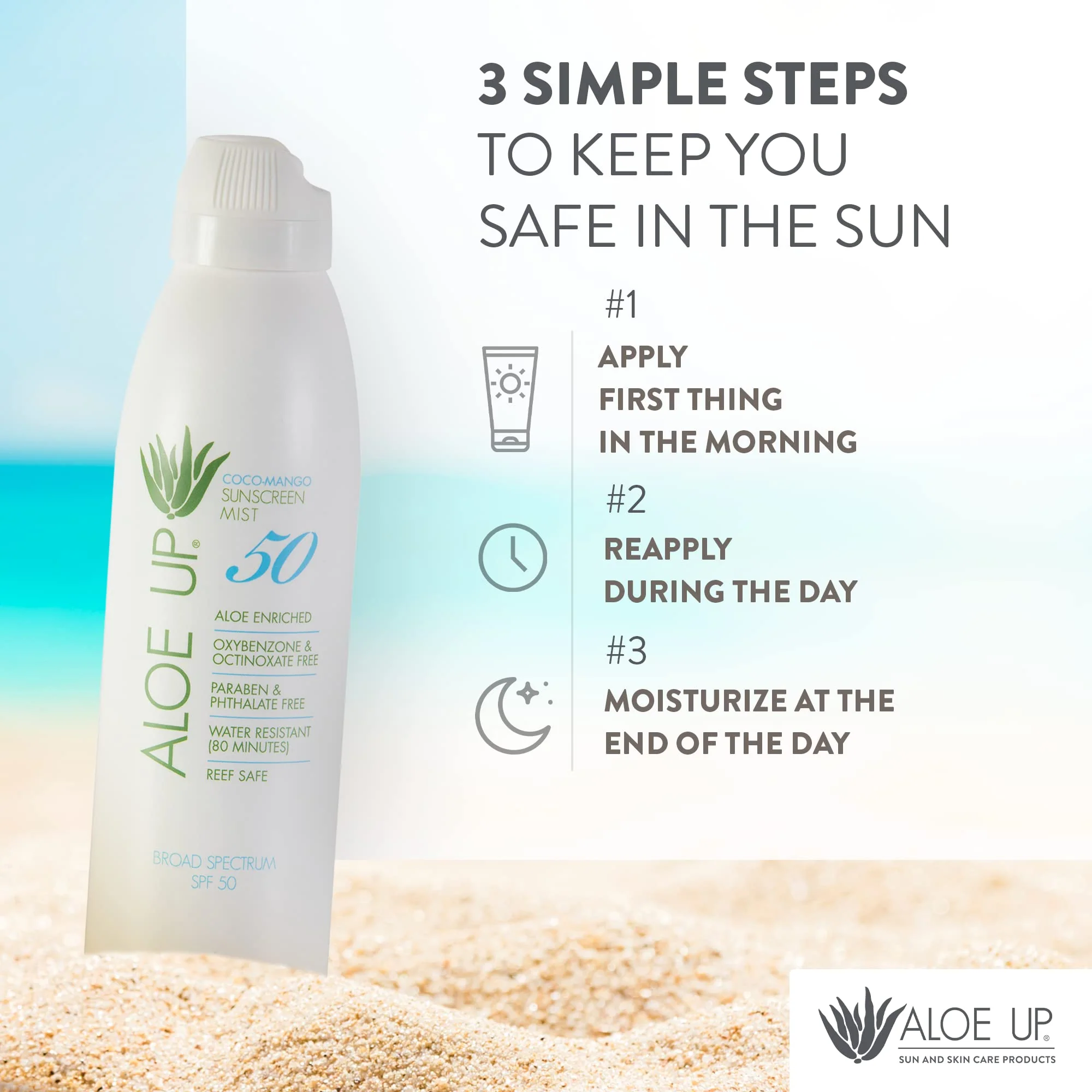 Aloe Up White Collection Continuous Sunscreen Spray SPF 50 Broad Spectrum UVA/UVB Sunscreen Protector for Face and Body with Moisturizing Aloe Vera Gel Reef Safe Coco Mango Fragrance 5.5 Fl. Oz - Image 4