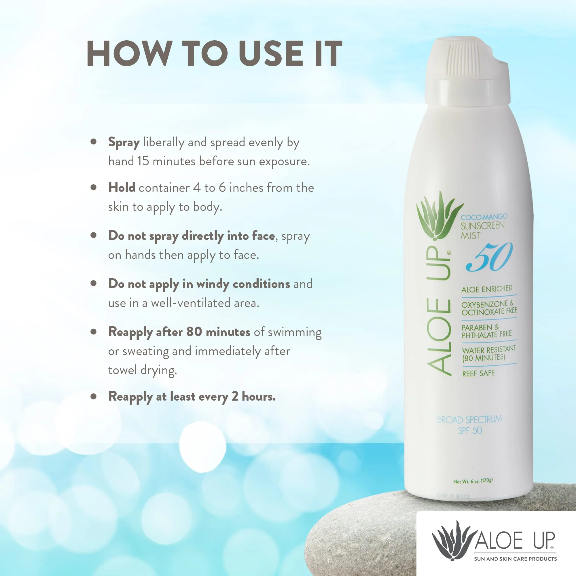 Aloe Up White Collection Continuous Sunscreen Spray SPF 50 Broad Spectrum UVA/UVB Sunscreen Protector for Face and Body with Moisturizing Aloe Vera Gel Reef Safe Coco Mango Fragrance 5.5 Fl. Oz - Image 5