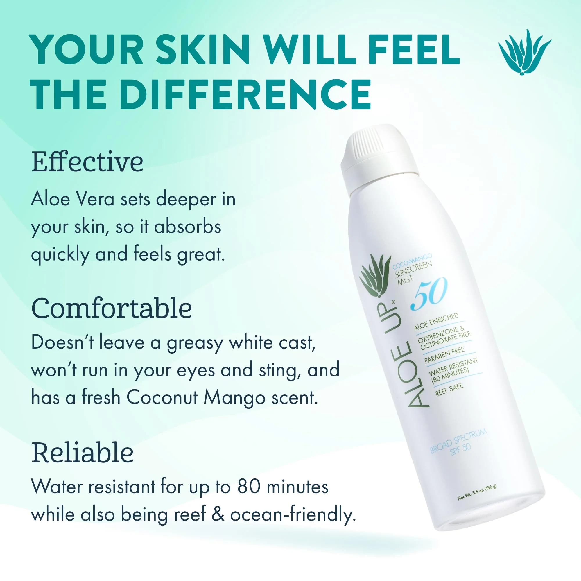 Aloe Up White Collection Continuous Sunscreen Spray SPF 50 Broad Spectrum UVA/UVB Sunscreen Protector for Face and Body with Moisturizing Aloe Vera Gel Reef Safe Coco Mango Fragrance 5.5 Fl. Oz - Image 8
