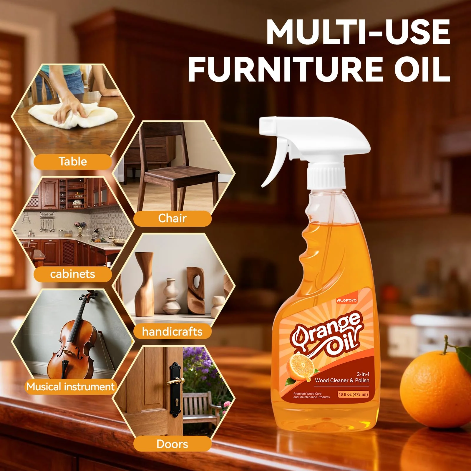 Alofoyo 2-in-1 Furniture Polish Wood Cleaner - 2Pack Natural Orange Oil Spray Protect Wood Surface Safely, Enhanced Furniture Restorer Finish Cabinets, Tables, Antique, Floor, 32oz Total - Image 5