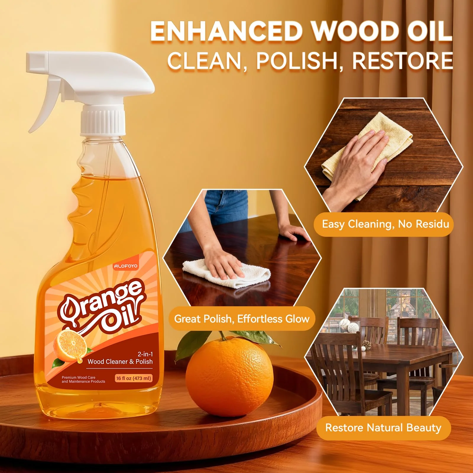 Alofoyo 2-in-1 Furniture Polish Wood Cleaner - 2Pack Natural Orange Oil Spray Protect Wood Surface Safely, Enhanced Furniture Restorer Finish Cabinets, Tables, Antique, Floor, 32oz Total - Image 7