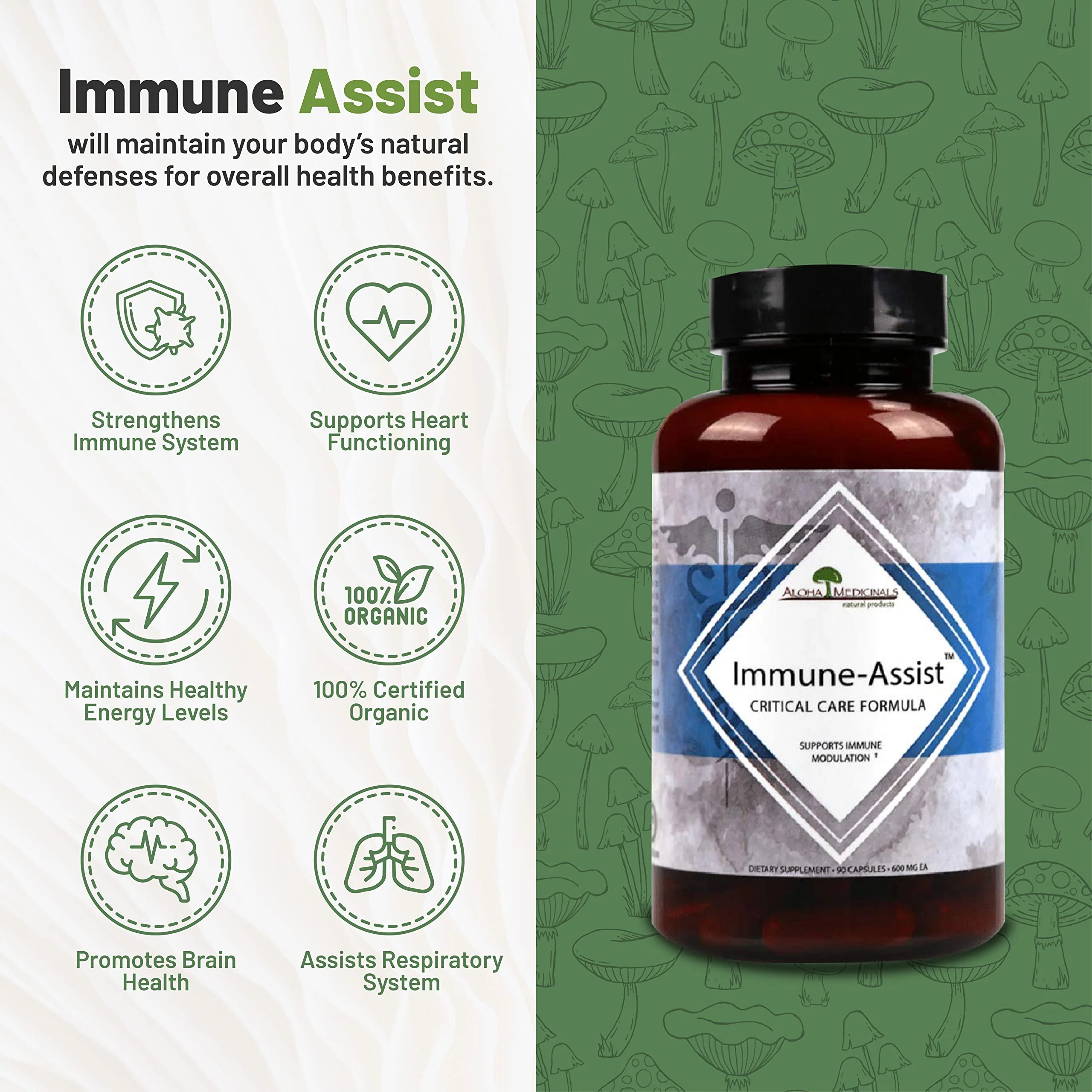 Aloha Medicinals Immune Assist Critical Care Formula, Organic Mushroom Supplement, Immune Support Supplement with 7 Mushroom Extracts, Pack of 1, 90 Capsules Each - Image 5