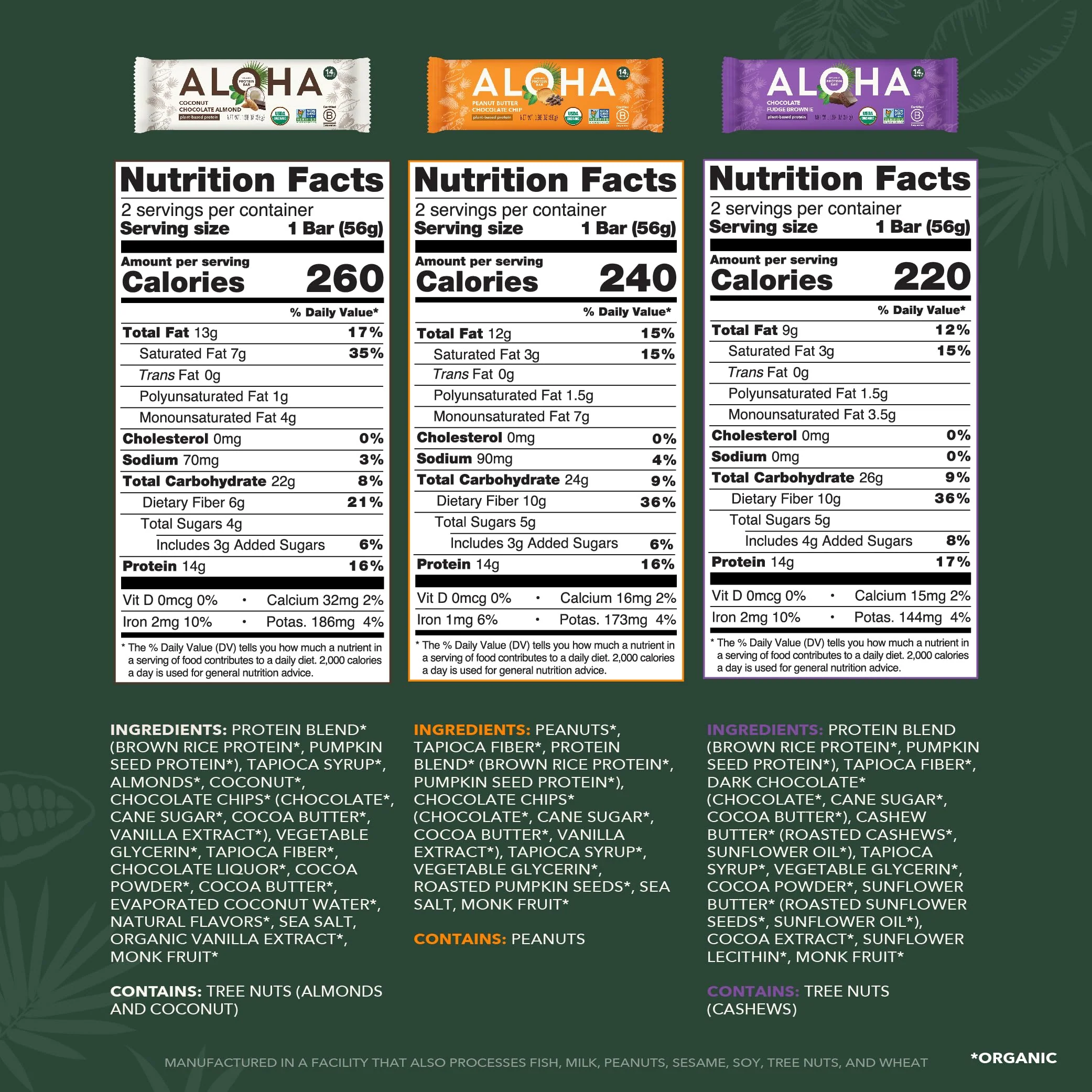 ALOHA Organic Plant Based Protein Bars - 6 Flavor Variety Pack - 12 Count, 1.9oz Bars - Vegan Snacks, Low Sugar, Gluten-Free, Low Carb, Paleo, Non-GMO, Stevia-Free, No Sugar Alcohol Sweeteners - Image 2