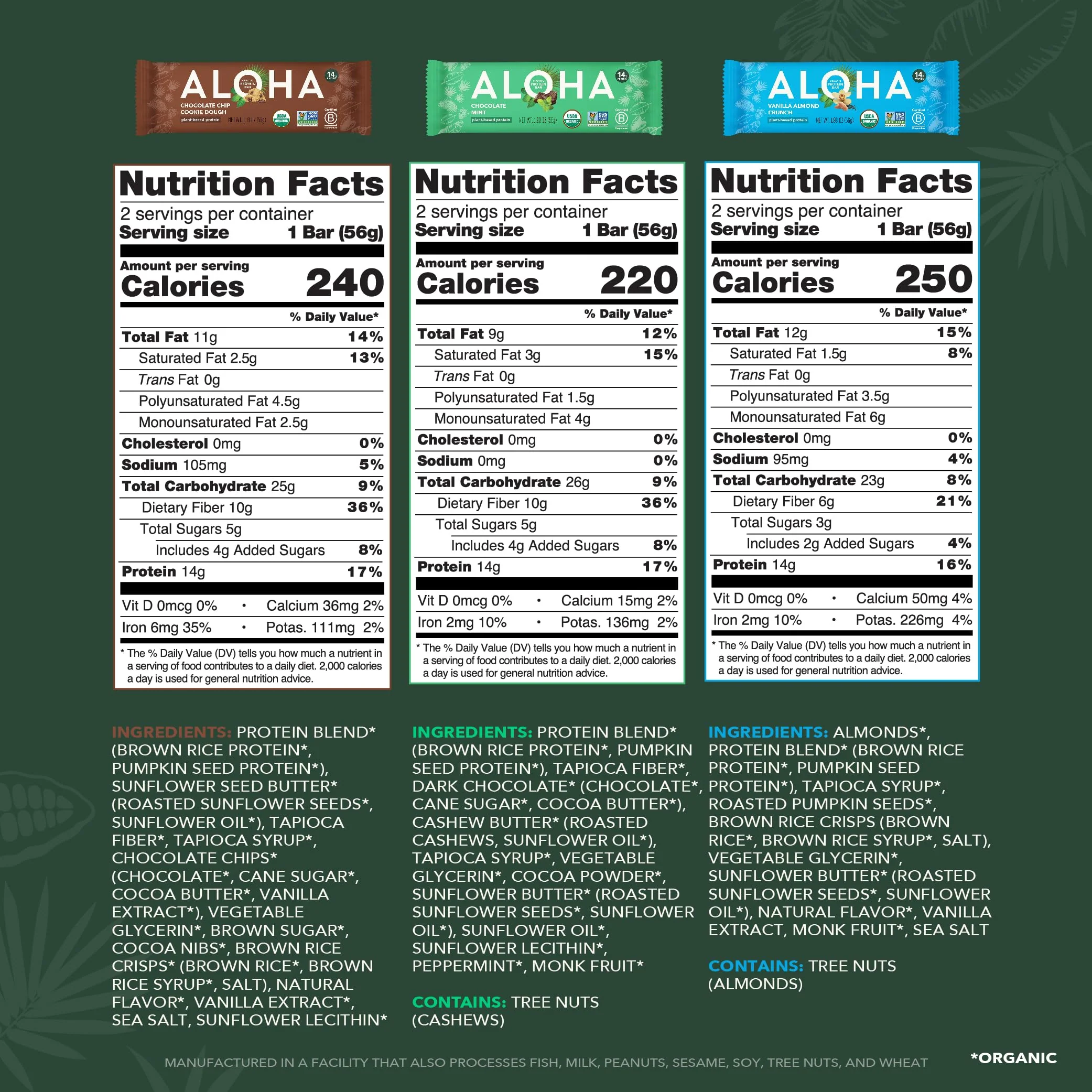 ALOHA Organic Plant Based Protein Bars - 6 Flavor Variety Pack - 12 Count, 1.9oz Bars - Vegan Snacks, Low Sugar, Gluten-Free, Low Carb, Paleo, Non-GMO, Stevia-Free, No Sugar Alcohol Sweeteners - Image 3