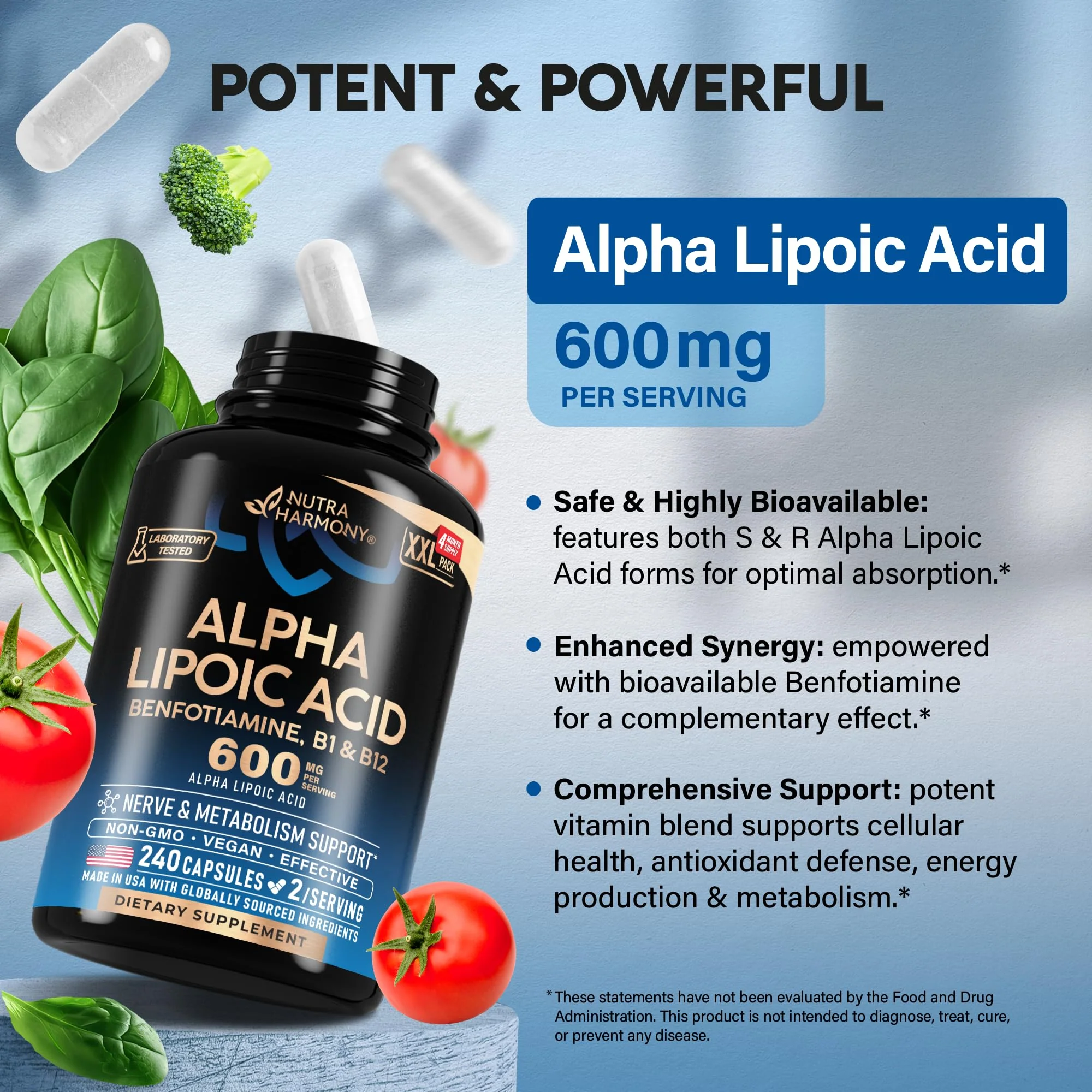 Alpha Lipoic Acid 600mg - ALA Supplement Antioxidant for Nerve, Energy & Metabolism Support - Extra Strength with Benfotiamine, B1 & B12 - Lab Tested, NON-GMO & Vegan - 240 Capsules, 4 Month Supply - Image 3