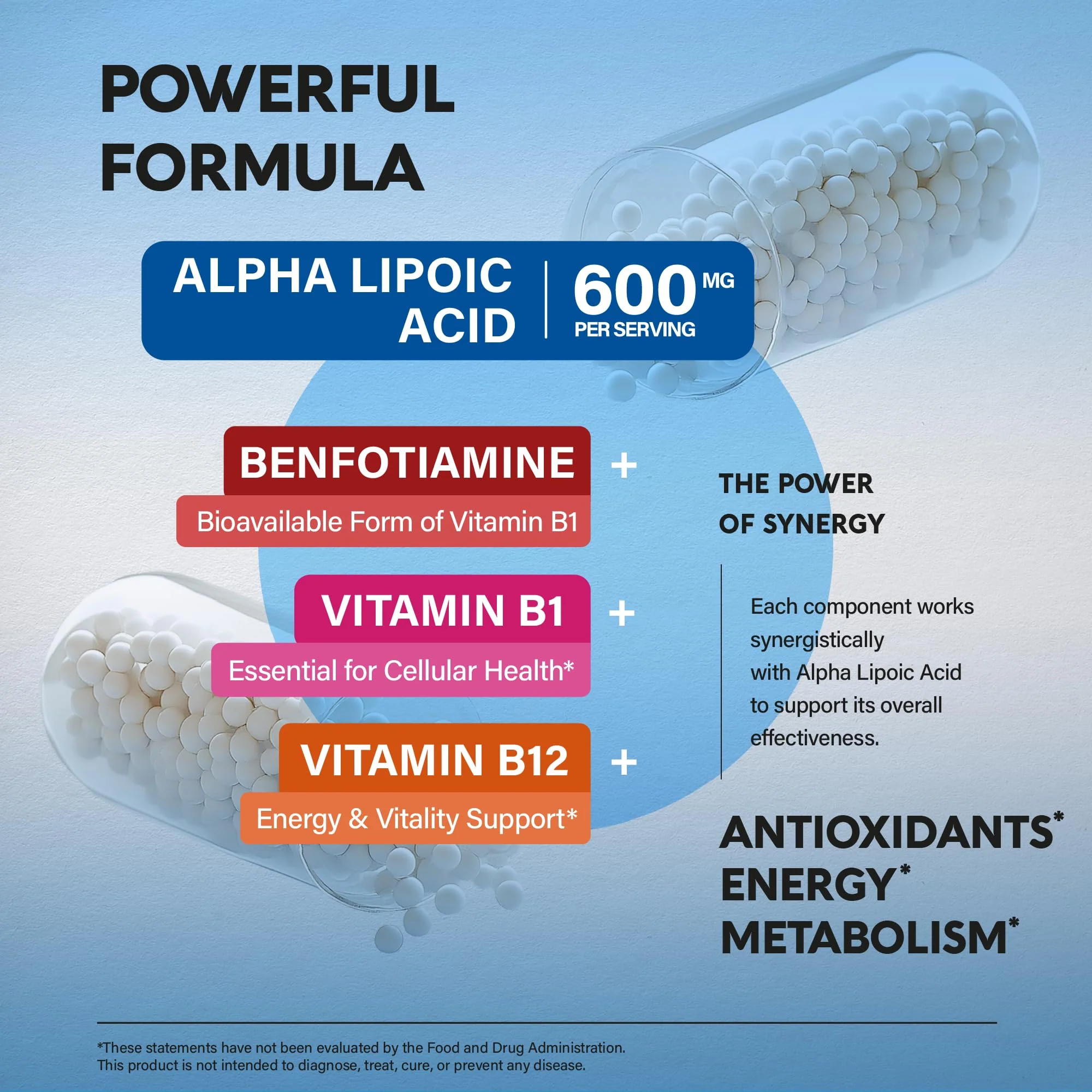 Alpha Lipoic Acid 600mg - ALA Supplement Antioxidant for Nerve, Energy & Metabolism Support - Extra Strength with Benfotiamine, B1 & B12 - Lab Tested, NON-GMO & Vegan - 240 Capsules, 4 Month Supply - Image 4