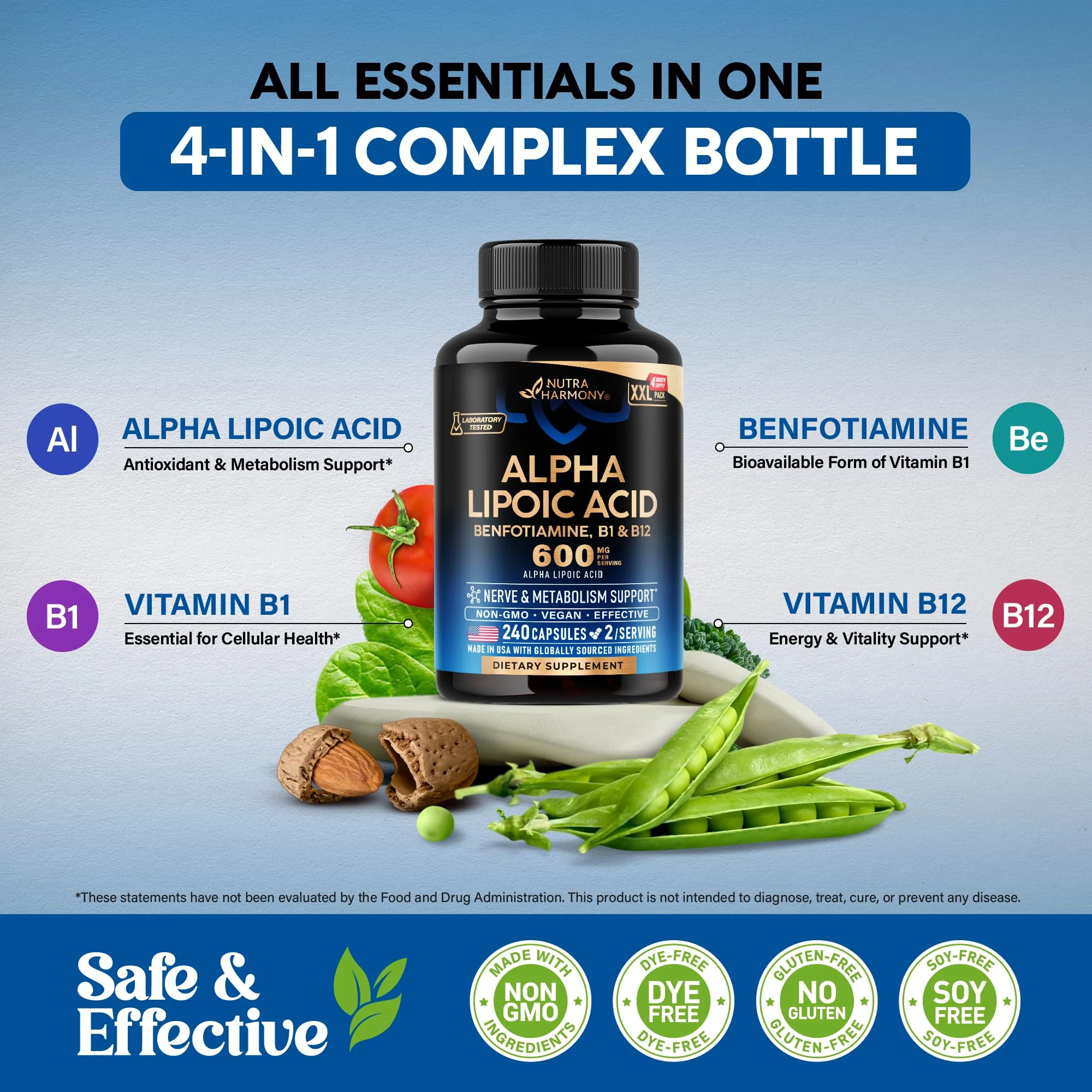 Alpha Lipoic Acid 600mg - ALA Supplement Antioxidant for Nerve, Energy & Metabolism Support - Extra Strength with Benfotiamine, B1 & B12 - Lab Tested, NON-GMO & Vegan - 240 Capsules, 4 Month Supply - Image 6