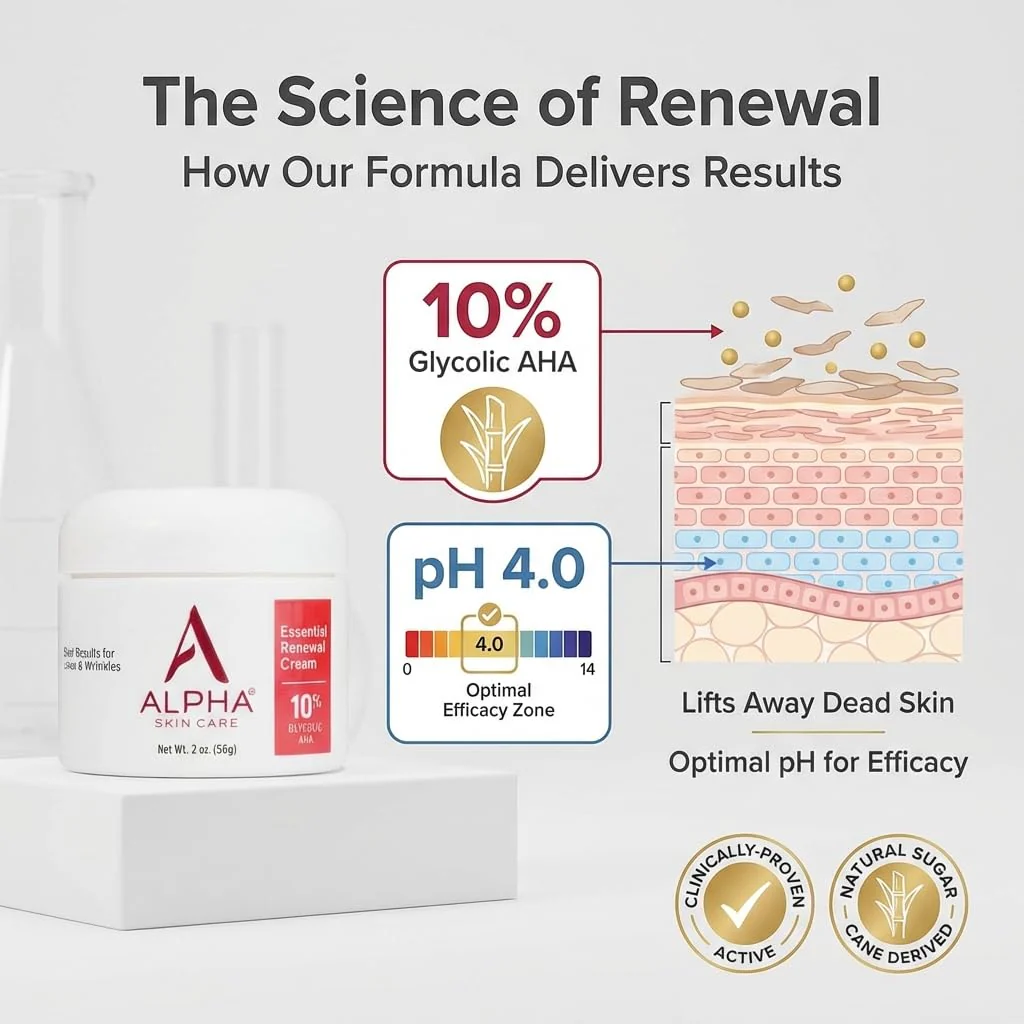 Alpha Skin Care Essential Renewal Cream, 10% Glycolic AHA, Anti-Aging Formula, Reduces Lines & Wrinkles, Alpha Hydroxy Acid Exfoliates for Smoother Skin, Normal, Sensitive or Dry Skin, 2 Oz - Image 5