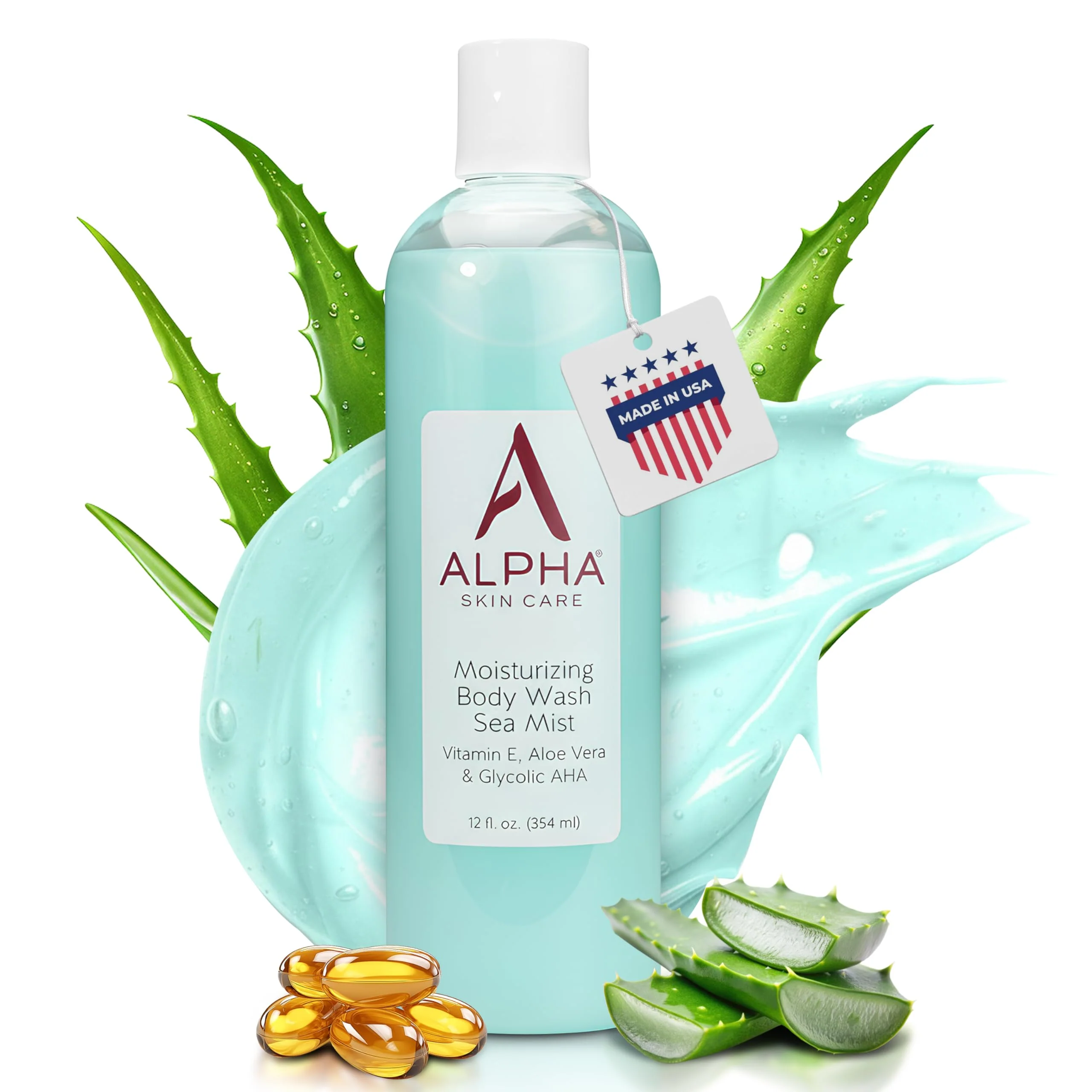 Alpha Skin Care Moisturizing Body Wash, Gentle Soap-Free Anti-Aging Formula, Glycolic AHA, Vitamin E & Aloe Vera, Conditions & Soothes, All Skin Types Hydroxy Acid, 12 Oz