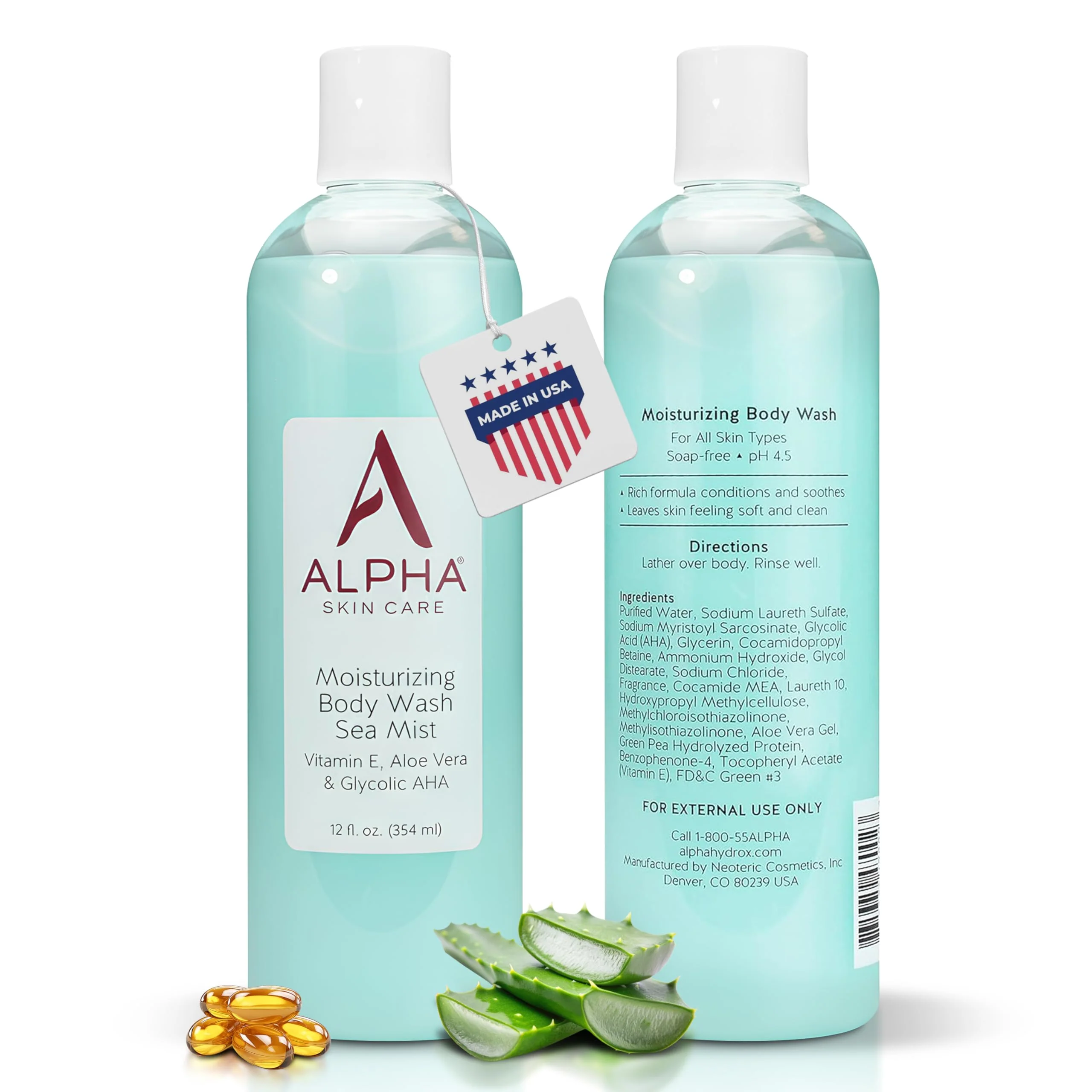 Alpha Skin Care Moisturizing Body Wash, Gentle Soap-Free Anti-Aging Formula, Glycolic AHA, Vitamin E & Aloe Vera, Conditions & Soothes, All Skin Types Hydroxy Acid, 12 Oz - Image 2