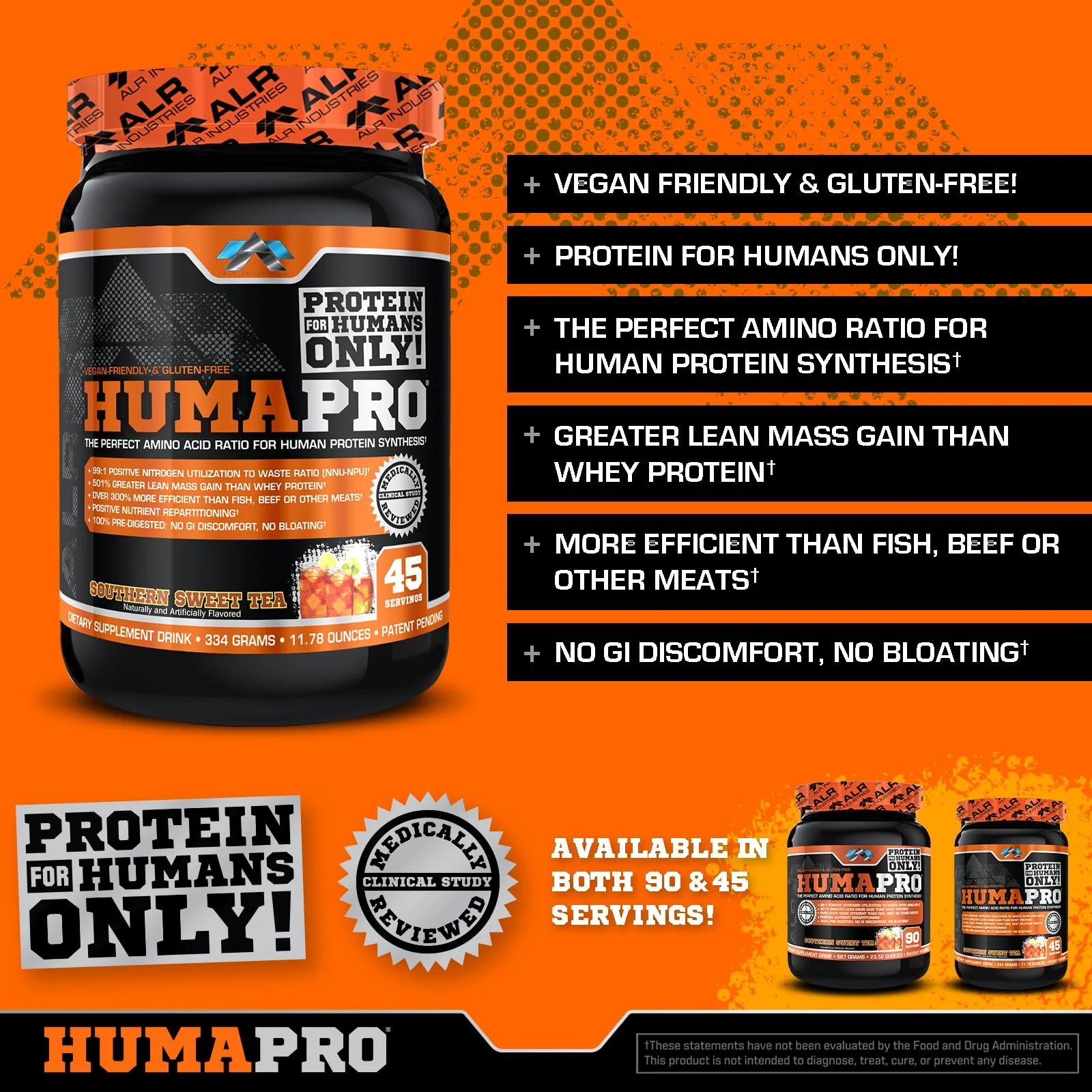 ALR Industries Humapro | Amino Acids Protein Matrix for Humans | 99% Utilization for Lean Muscle | Vegan, Gluten Free | 334g / 45 Servings (Southern Sweet Tea) - Image 4
