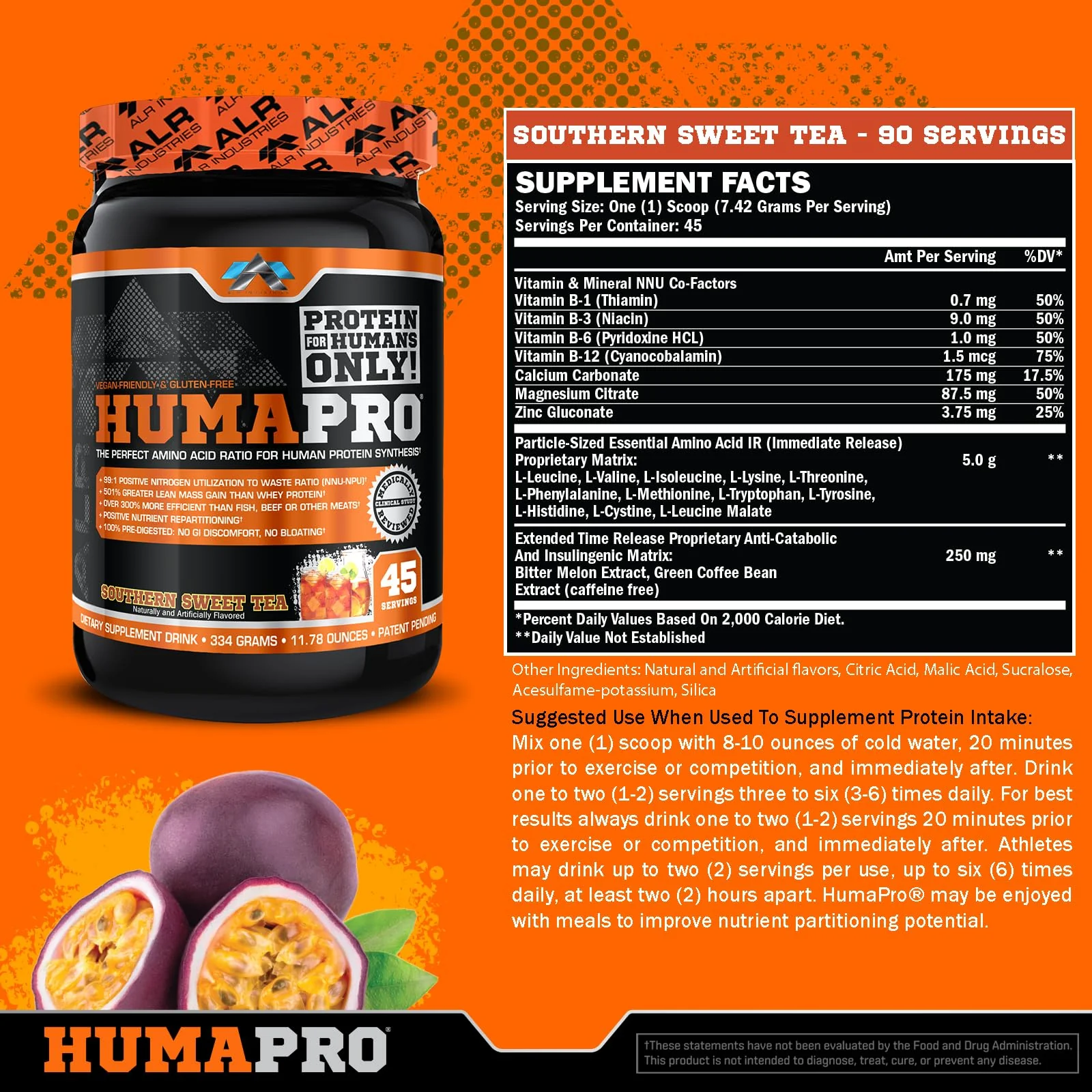 ALR Industries Humapro | Amino Acids Protein Matrix for Humans | 99% Utilization for Lean Muscle | Vegan, Gluten Free | 334g / 45 Servings (Southern Sweet Tea) - Image 6