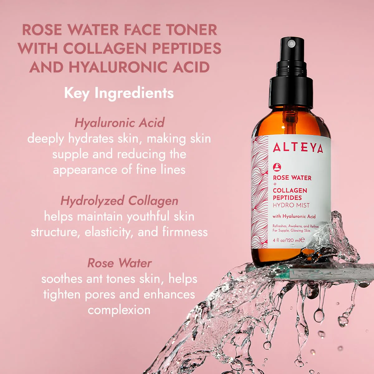 Alteya Organics Rose Water Face Toner – With Collagen Peptides & Hyaluronic Acid – Hydrating Facial Mist for Anti-Aging, Firming & Radiant Skin – 4 Fl Oz / 120mL - Image 6