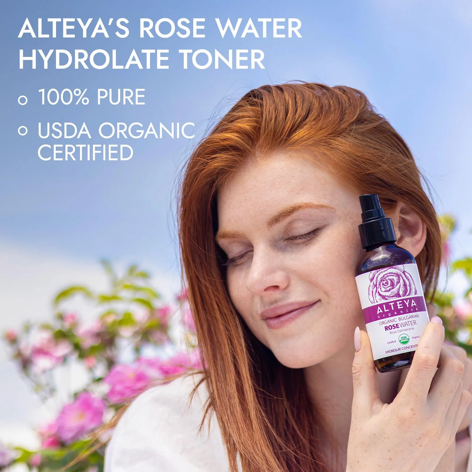 Alteya Organics Rose Water USDA Certified Organic Facial Toner, 8 Fl Oz/240mL Pure Bulgarian Rosa Damascena Flower Water, Award-Winning Moisturizer Amber Glass Spray Bottle - Image 2