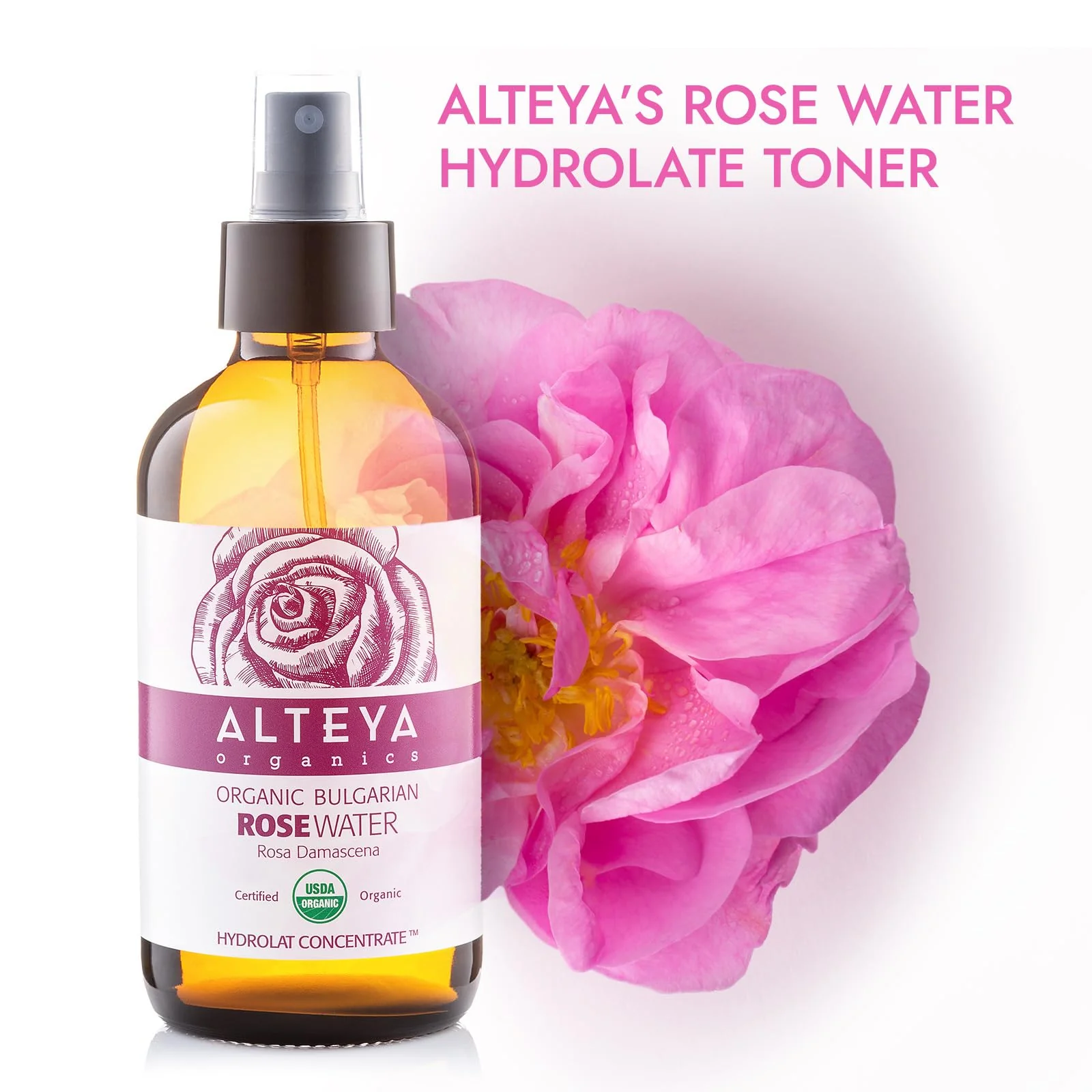 Alteya Organics Rose Water USDA Certified Organic Facial Toner, 8 Fl Oz/240mL Pure Bulgarian Rosa Damascena Flower Water, Award-Winning Moisturizer Amber Glass Spray Bottle - Image 4