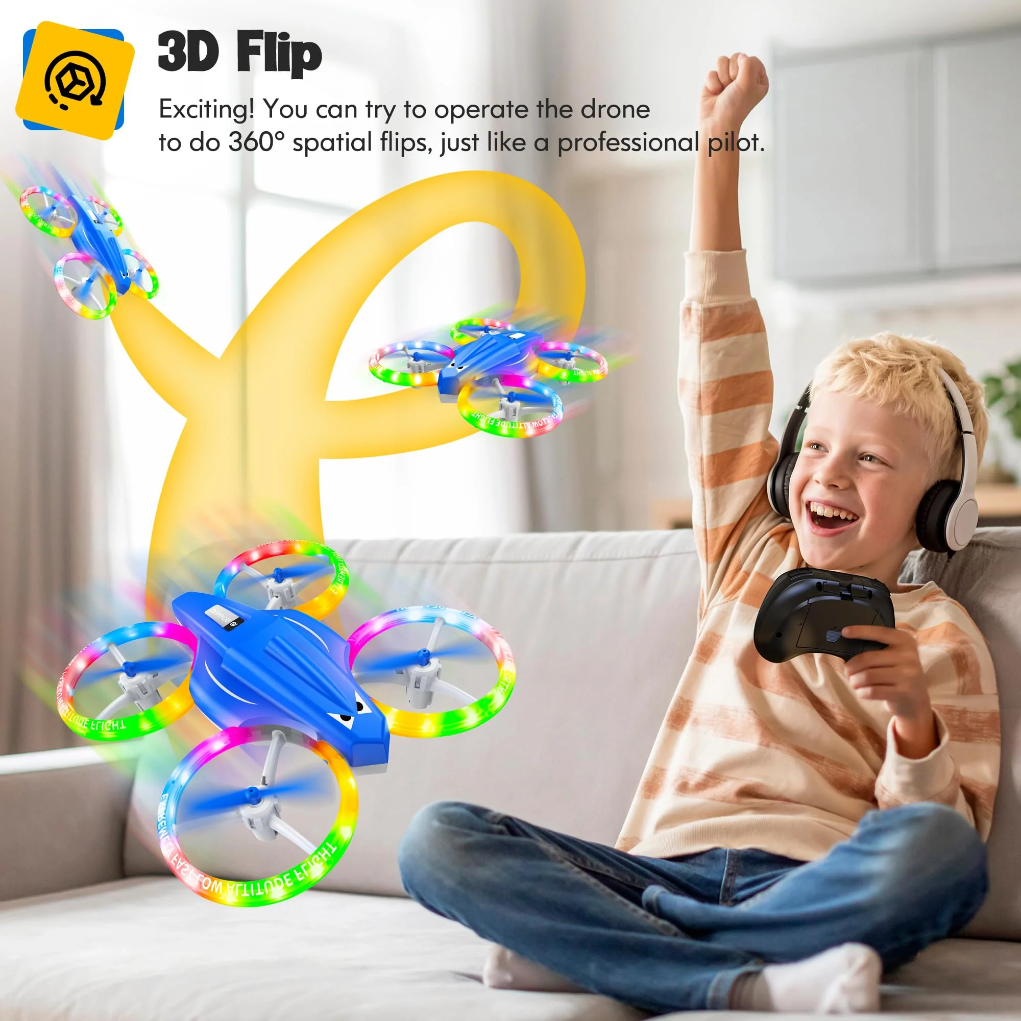 ALTITACO Drones for Kids with Cool Light, Kids Drone with 3D Flip, Altitude-Hold, Self-Rotation, Headless Mode, 3 Speed Modes, One-Click Take-Off/Landing, Mini Drone for Christmas, Beginners, Indoor - Image 6