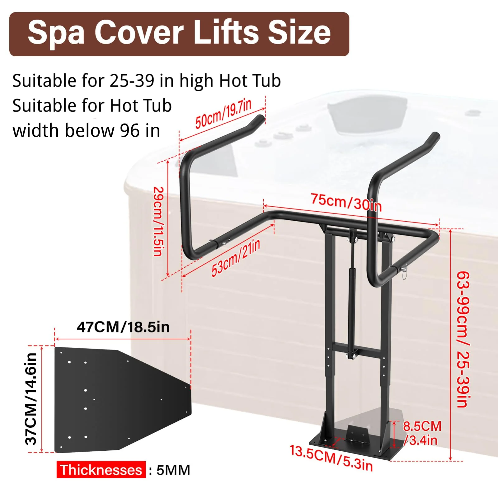 Aluminum Hydraulic Hot Tub Cover Lift, U-Shaped Bottom Insert Spa Cover Lifter, Adjustable Height from 25" to 39", Suitable for Round, Square and Other Shaped spas - Image 6