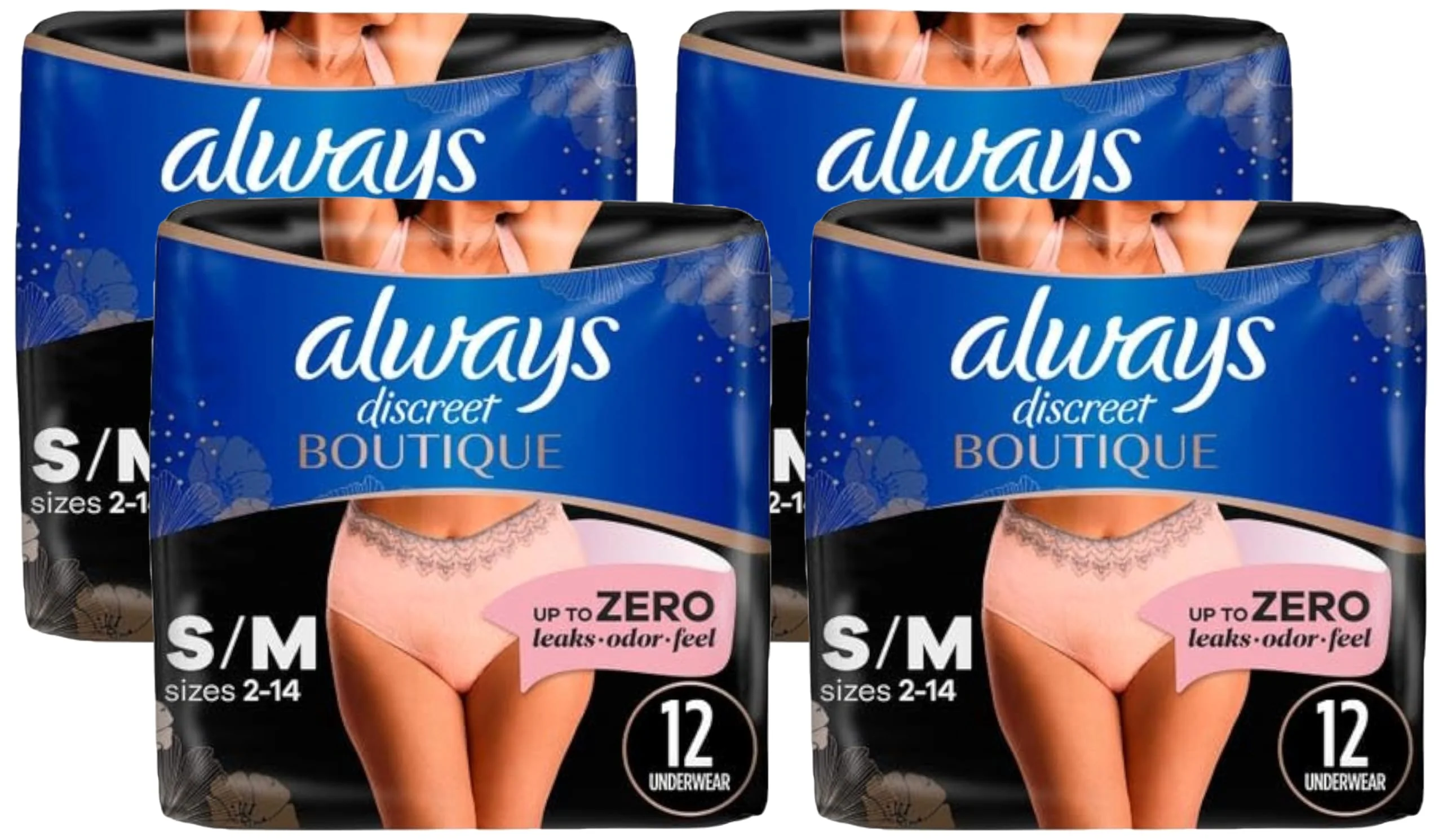 Always Discreet Boutique Adult Incontinence & Postpartum Underwear for Women, High-Rise, Size Small/Medium, Rosy, Maximum Absorbency, Disposable, 12 Count (Packaging May Vary) (Pack of 4)