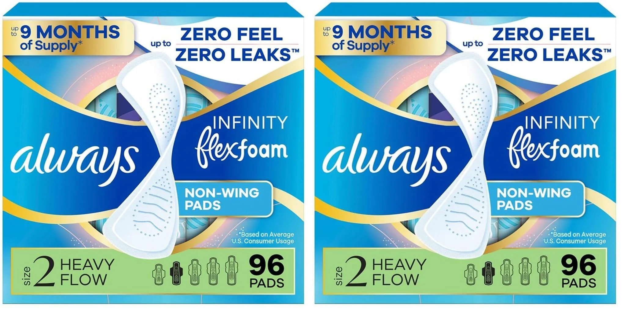 Always Infinity Feminine Pads for Women, Flexfoam Pads Without Wings, Size 2, Heavy Absorbency, Unscented, 96 Count (Pack of 2)