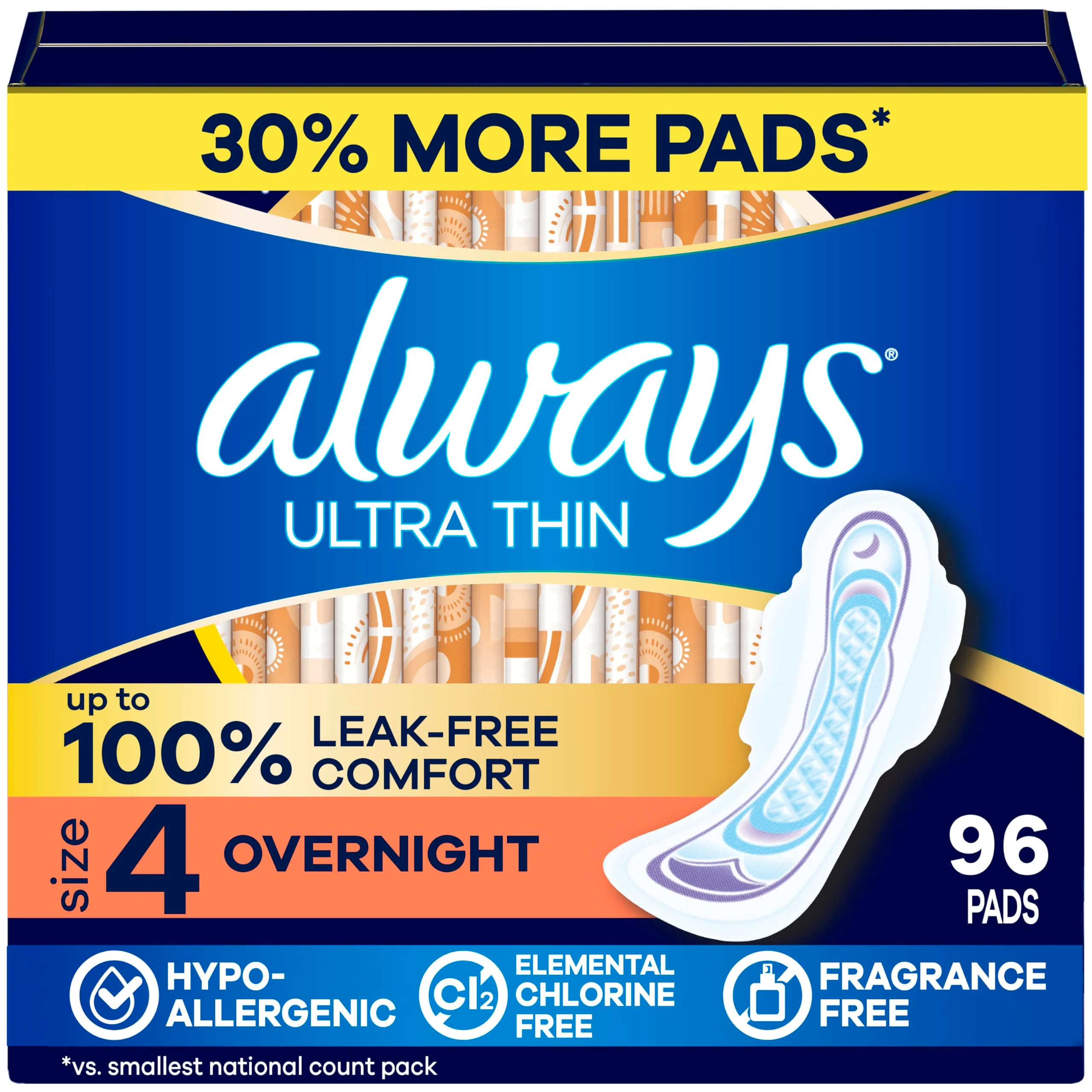 Always Ultra Thin Feminine Pads with Wings for Women, Size 4, Overnight Absorbency, Unscented, Up to 100% Leak-Free Comfort, 96 Count