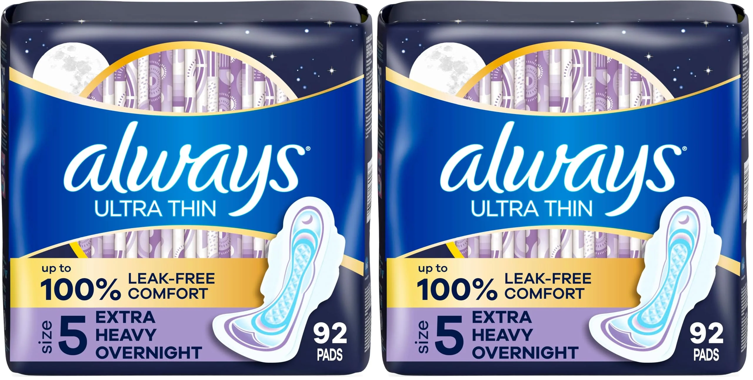 Always Ultra Thin Overnight Pads, Size 5, Extra Heavy Overnight, Unscented, 92 Count (4 Packs of 46)