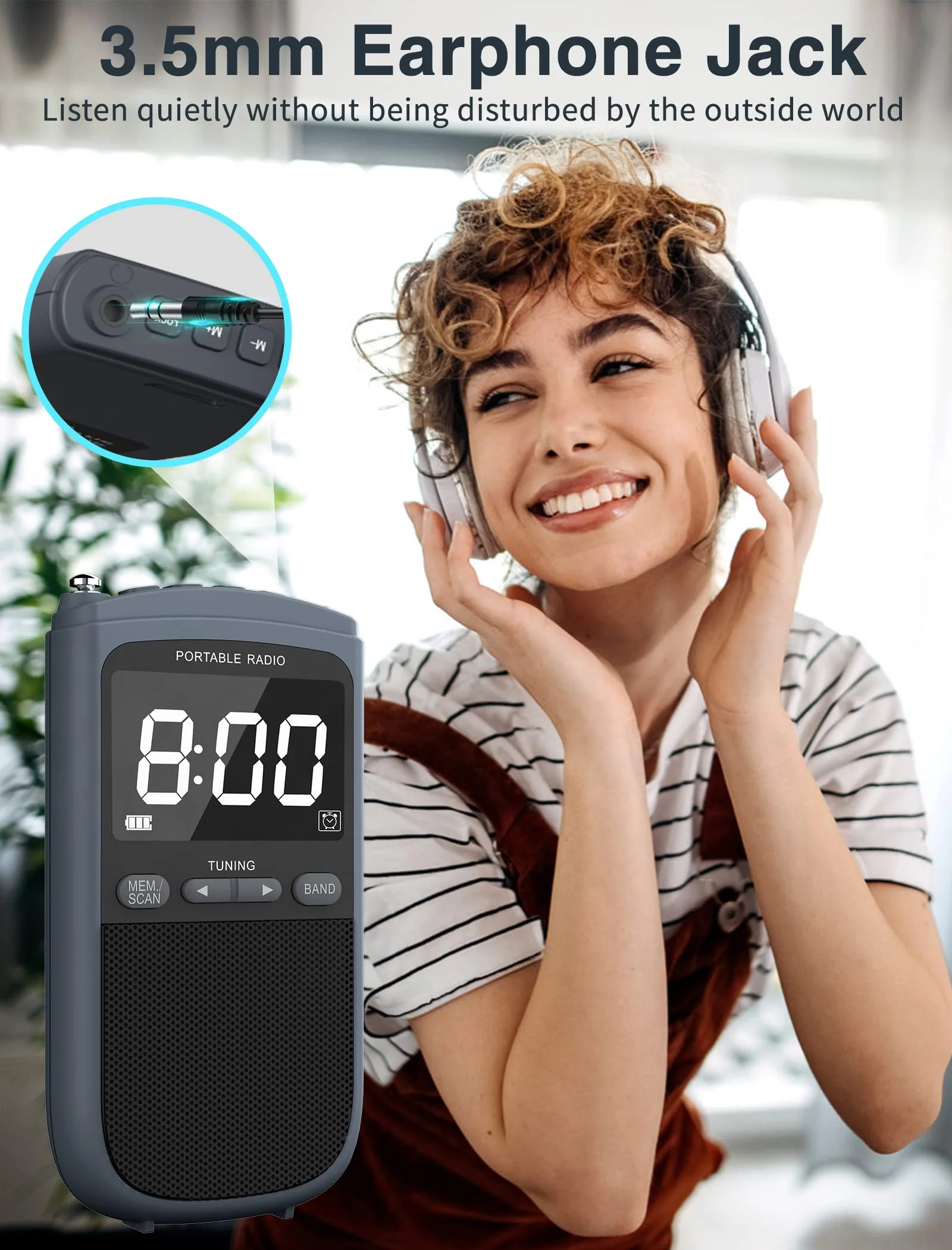 AM FM Walkman Radio:900mAh Rechargeable Portable Transistor Pocket Radio with Best Reception Digital Tuning, LCD Screen,Stereo Earphone Jack, Sleep Timer and Alarm Clock for Jogging,Walking Grey - Image 3