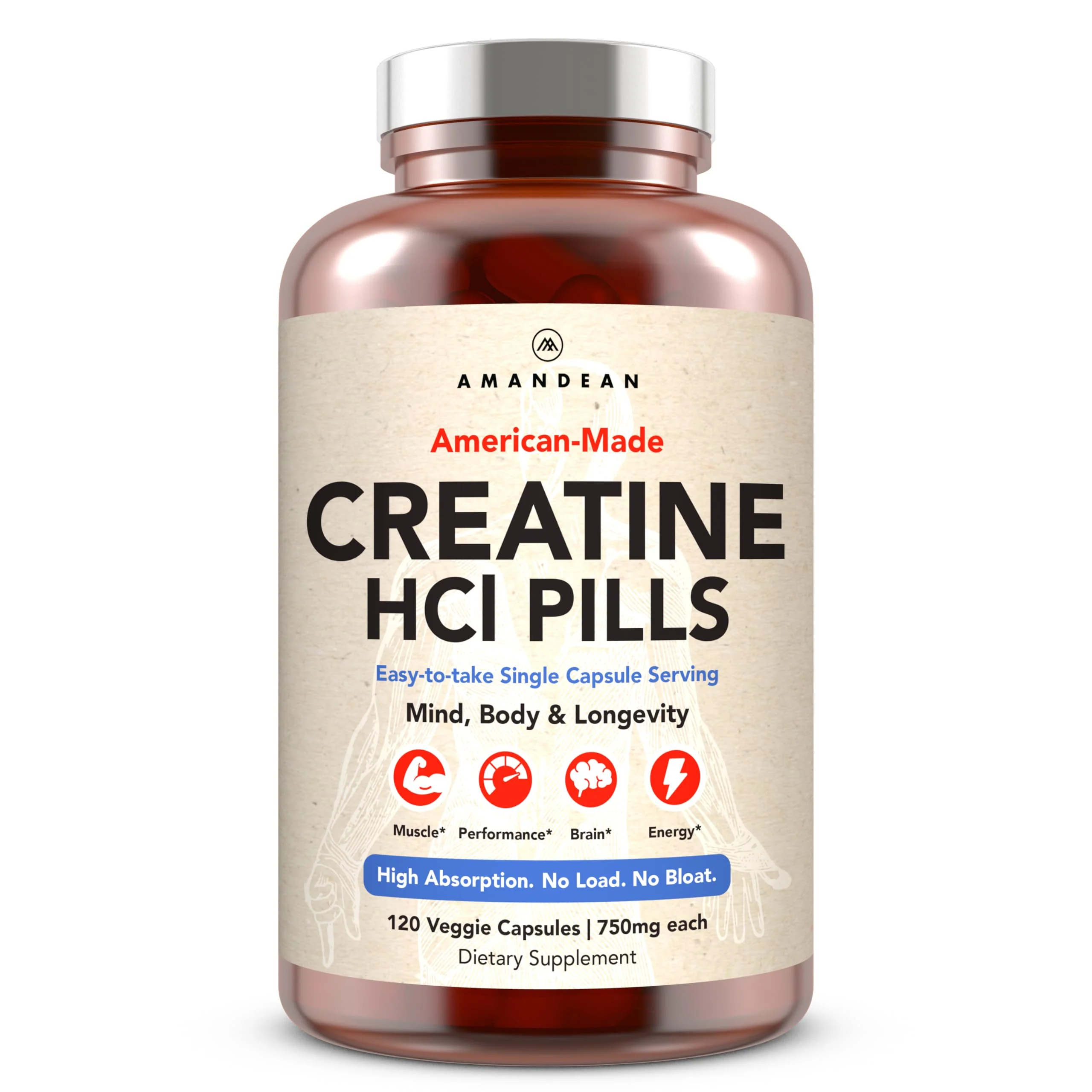 AMANDEAN Creatine HCl Pills. American Made CON-CRET. 120 Capsules. 7X Concentrated vs Monohydrate Powder. No Bloat. Muscle, Energy, Cognitive, Recovery Support for Men & Women. Gluten Free, Non-GMO.