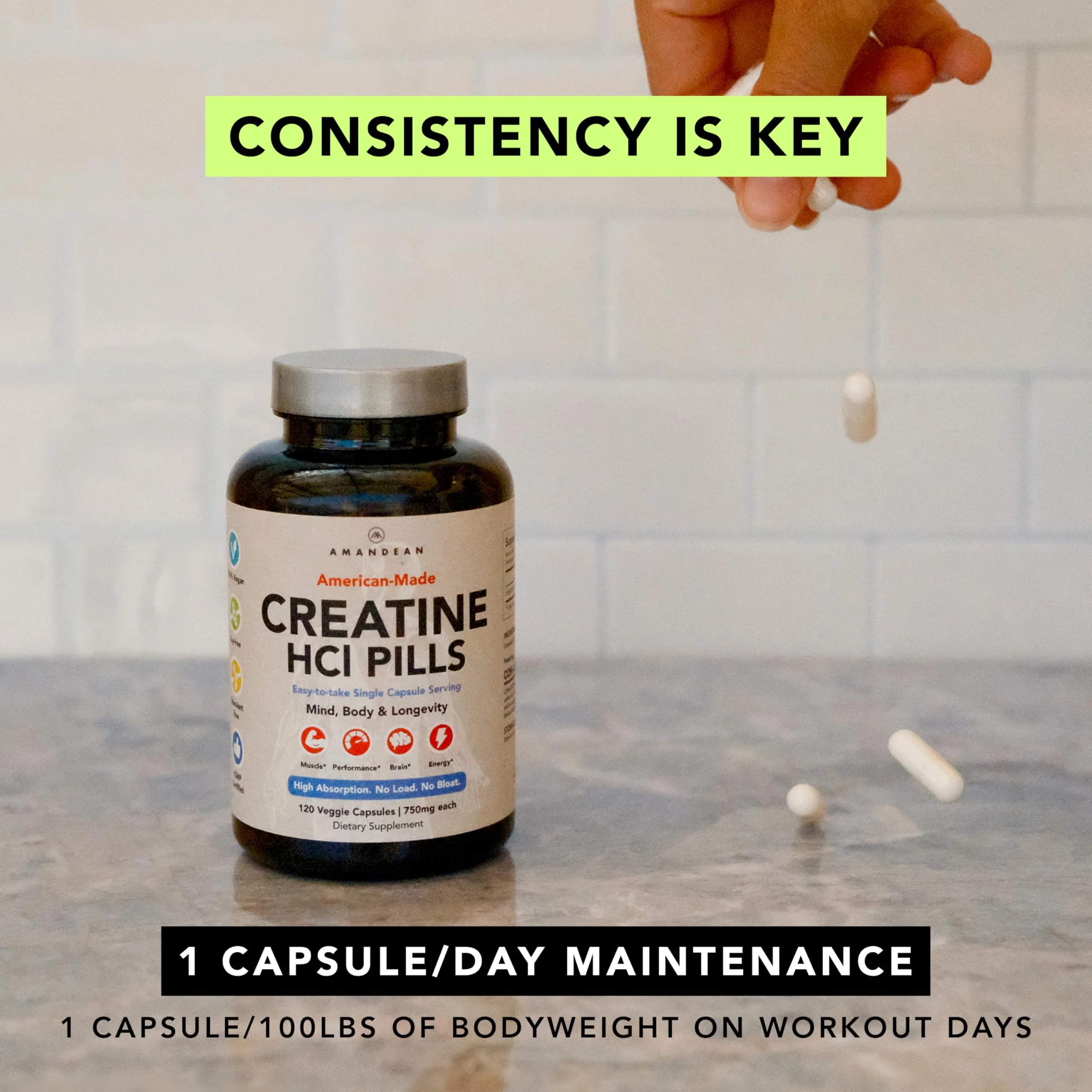 AMANDEAN Creatine HCl Pills. American Made CON-CRET. 120 Capsules. 7X Concentrated vs Monohydrate Powder. No Bloat. Muscle, Energy, Cognitive, Recovery Support for Men & Women. Gluten Free, Non-GMO. - Image 5
