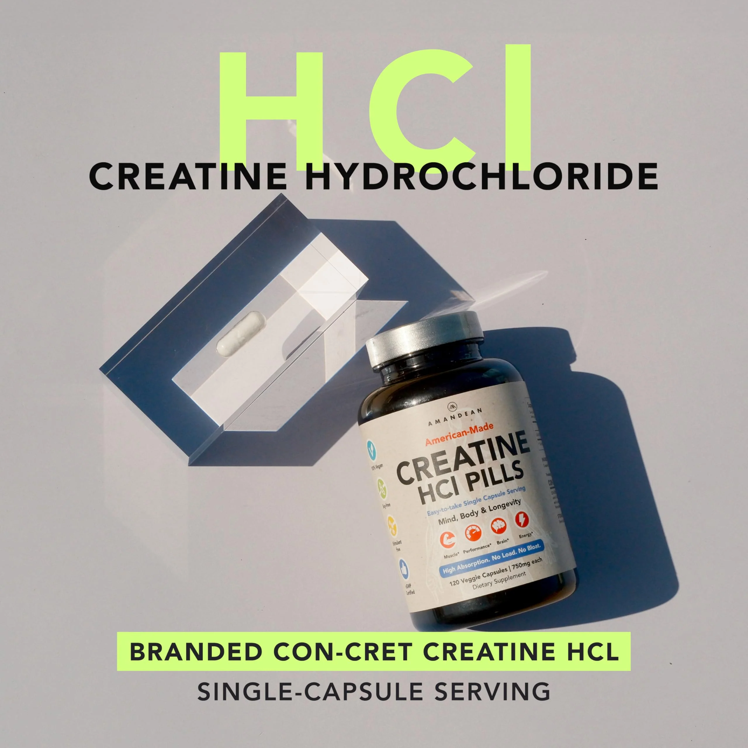 AMANDEAN Creatine HCl Pills. American Made CON-CRET. 120 Capsules. 7X Concentrated vs Monohydrate Powder. No Bloat. Muscle, Energy, Cognitive, Recovery Support for Men & Women. Gluten Free, Non-GMO. - Image 9