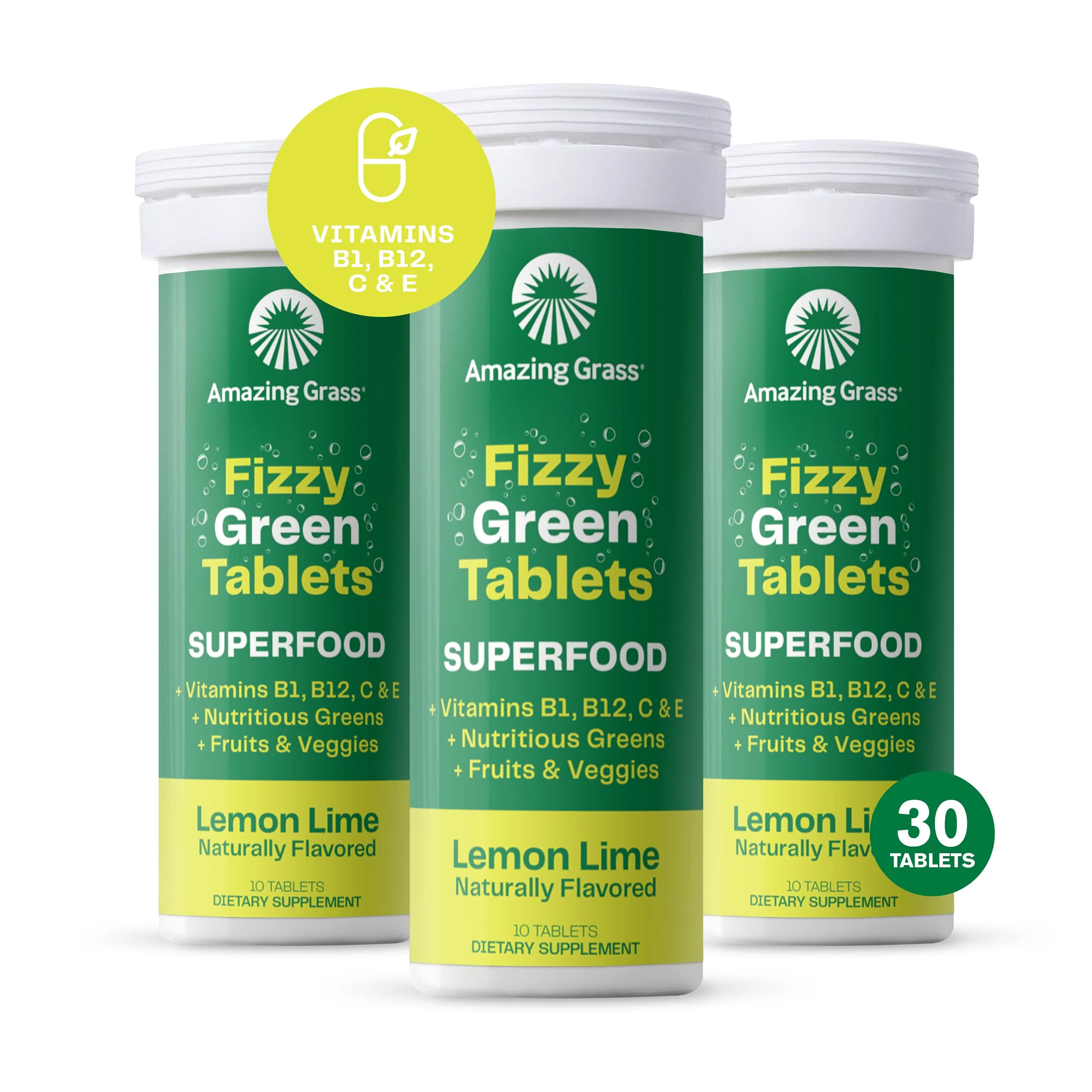 Amazing Grass Fizzy Green Tablets Superfood: Green Superfood Water Flavoring Tablet with Antioxidants & Alkalizing Greens, Lemon Lime, 10 Count (Pack of 3) - Image 2