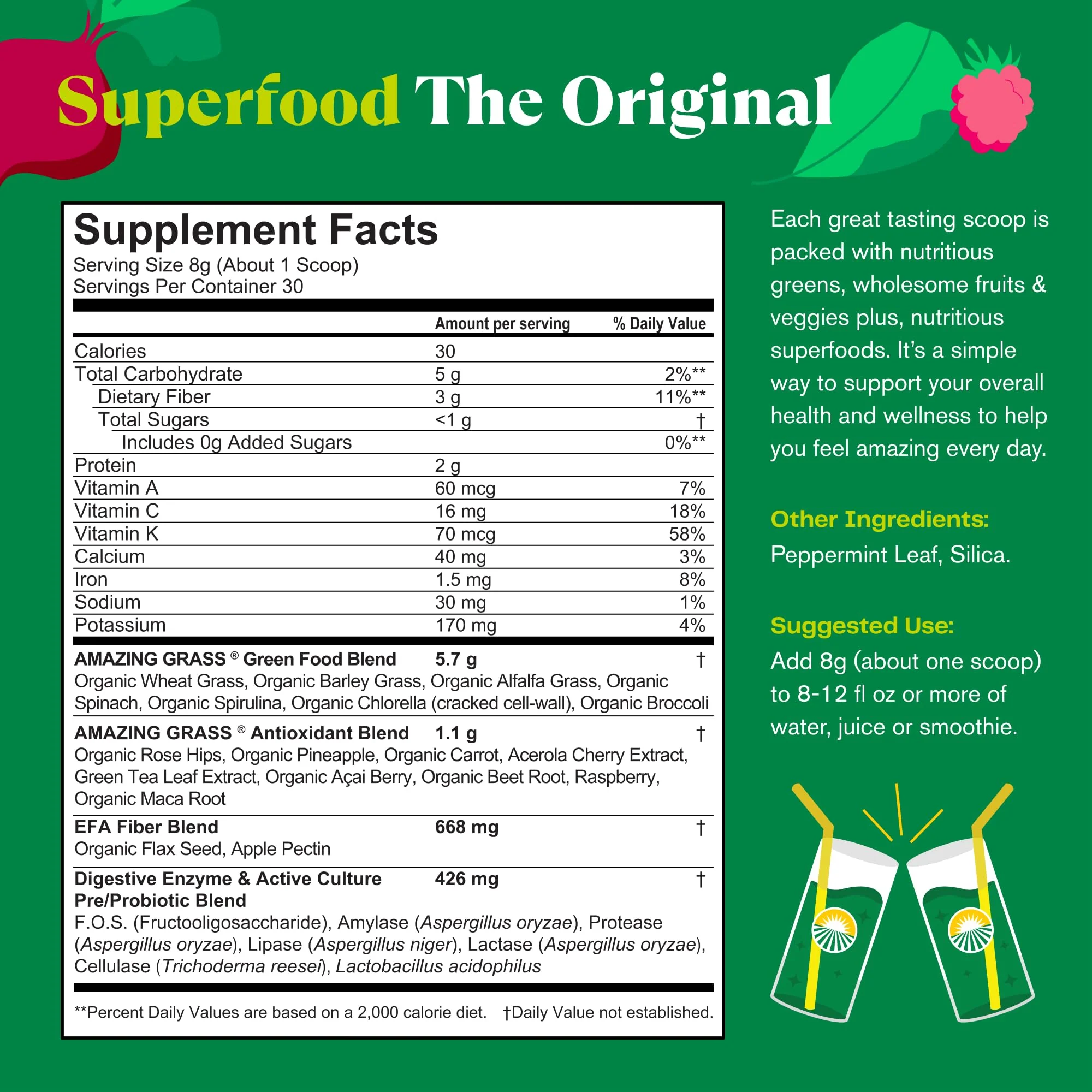 Amazing Grass Greens Blend Superfood:Greens Powder Mix for Energy,with Organic Spirulina,Chlorella,Beet Root Powder,Digestive Enzymes & Probiotics,Original,(Packaging May Vary),30 Servings,(Pack of 2) - Image 4