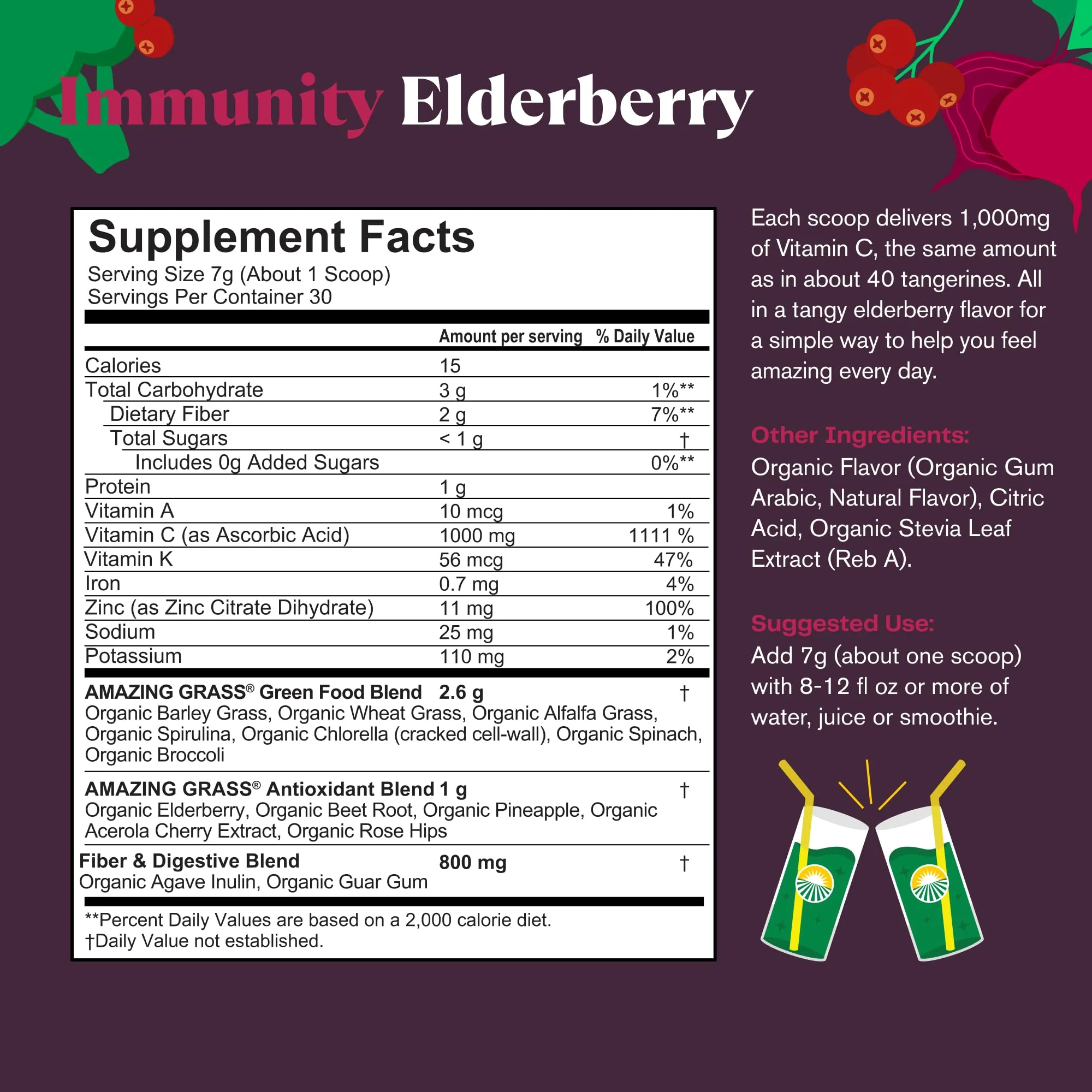 Amazing Grass Greens Blend Superfood Immunity, Super Greens Powder Smoothie Mix for Immune Support, Spirulina, Chlorella, Beet Root, Probiotics, Elderberry, 30 Servings, 7.4 Ounce (Packaging May Vary) - Image 2