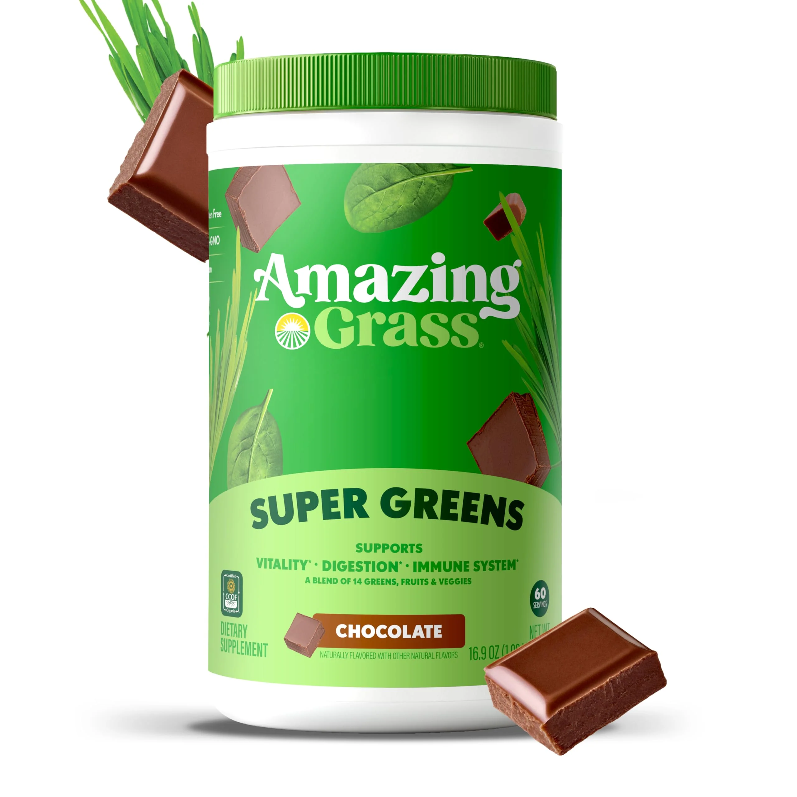 Amazing Grass Greens Blend Superfood: Super Greens Powder Smoothie Mix with Organic Spirulina, Chlorella, Beet Root Powder, Digestive Enzymes & Probiotics, Chocolate, 60 Servings (Packaging May Vary) - Image 2