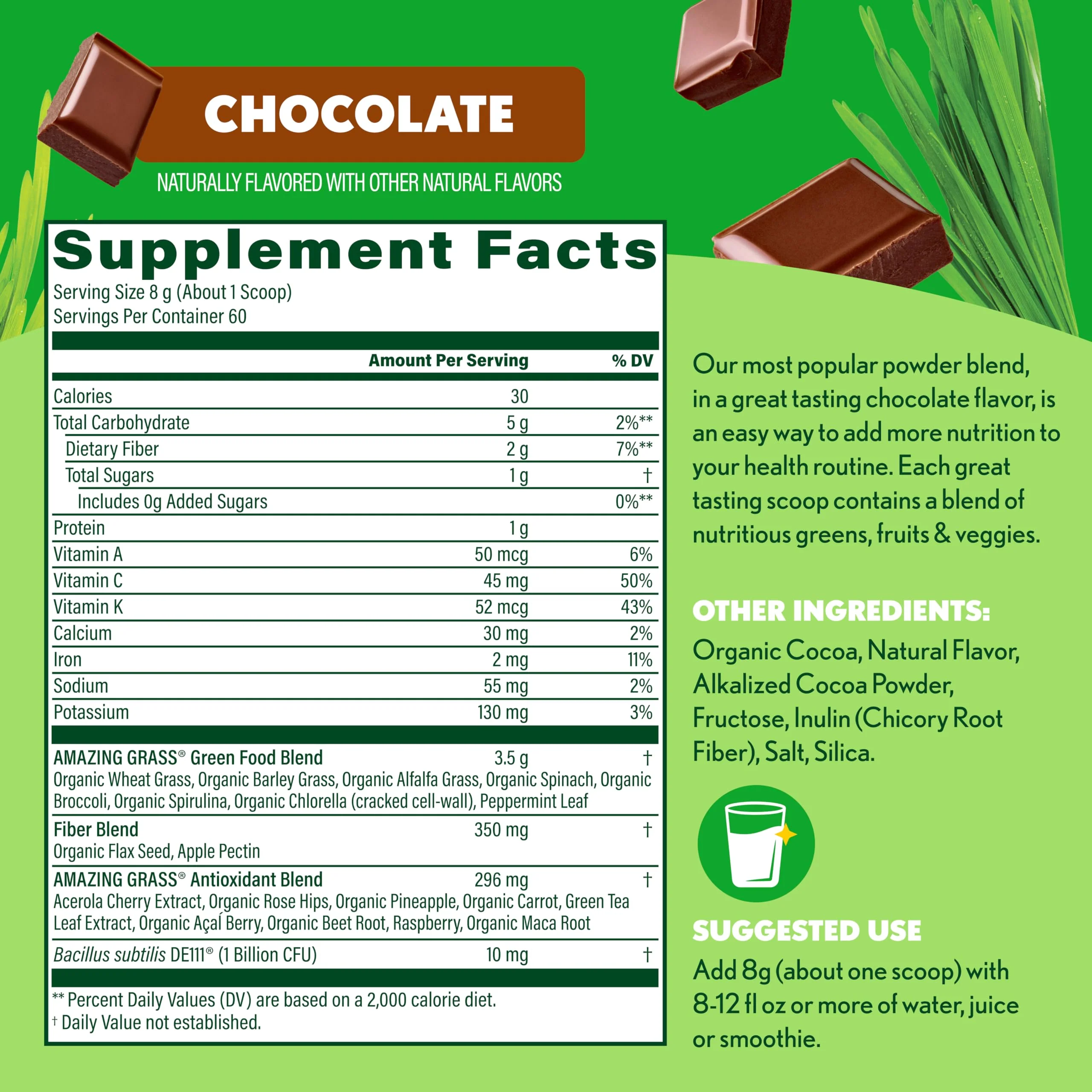 Amazing Grass Greens Blend Superfood: Super Greens Powder Smoothie Mix with Organic Spirulina, Chlorella, Beet Root Powder, Digestive Enzymes & Probiotics, Chocolate, 60 Servings (Packaging May Vary) - Image 4